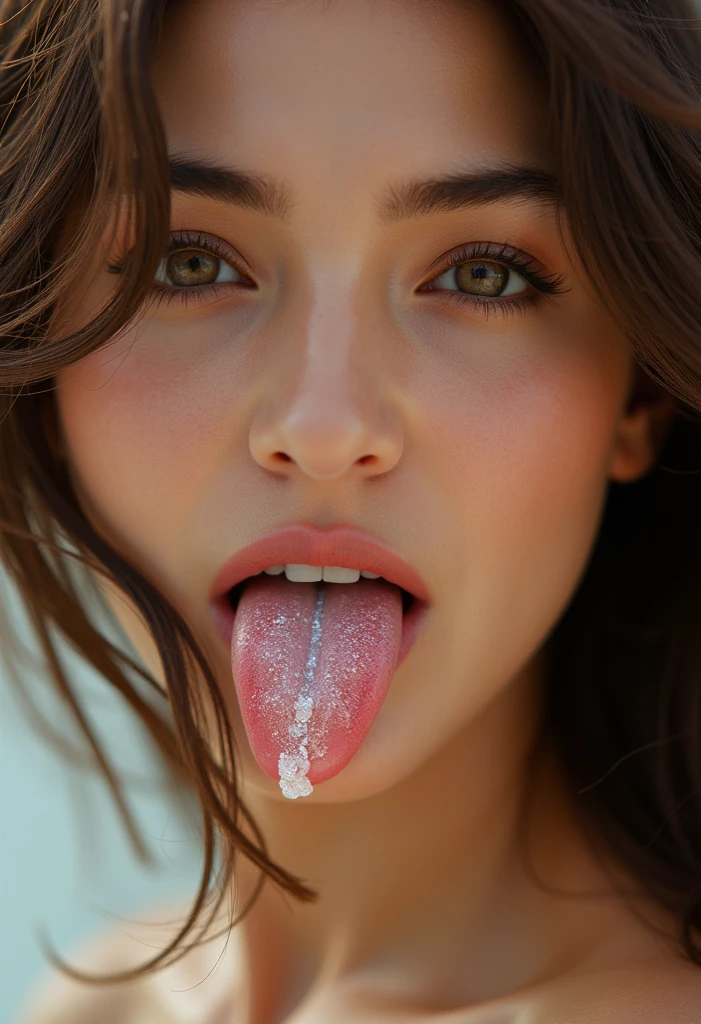 (photo Realistic:1.4), (hyper Realistic:1.4), (Realistic:1.3), (High resolution,High resolution,Sharp focus,8k)(Keep your eyes clearly focused, Nose and mouth,Face Focus,) Woman with open mouth and closed eyes, 、Age 35,Black-haired、Symmetrical face,Realistic nostrils、Angle from below、Elongated C-shaped nostrils,,,,,Browsing Caution,White Background、Sweaty skin、Lighting that accentuates skin that shines with sweat、((Nose hook))Skin shiny with sweat、Shiny skin、(Wet and shiny tongue)(Sharpness)