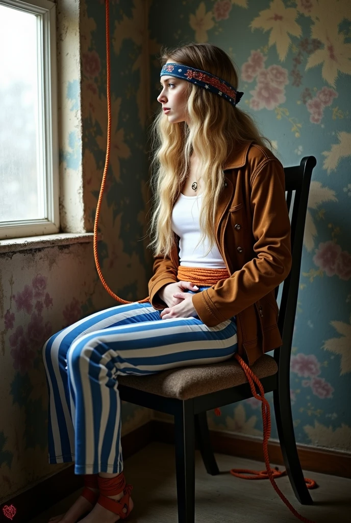 A vintage-looking photo of a woman with long, flowing red hair, wearing a suede fringe jacket and a wide-brimmed hat. She is sitting on a worn-out couch in a cozy, dimly lit living room decorated with vintage posters and vinyl records. The environment has a retro and bohemian feel, with psychedelic patterns and a record player playing soulful tunes. The lighting is soft and warm, casting gentle shadows, and the camera angle is slightly low, capturing the woman's introspective and artistic nature.
<lora:RetroStyleV1:0.7> 60Retro69Punch75, (freckles:0.8), (lips parted), realistic eyes, POV, realistic[:, (film grain, 25mm, f/1.2, dof, bokeh, beautiful symmetrical face, perfect sparkling eyes, well defined pupils, high contrast eyes, ultra detailed skin, skin pores, vellus hair, fabric stitching, fabric texture, finely detailed features:1):0.9]
