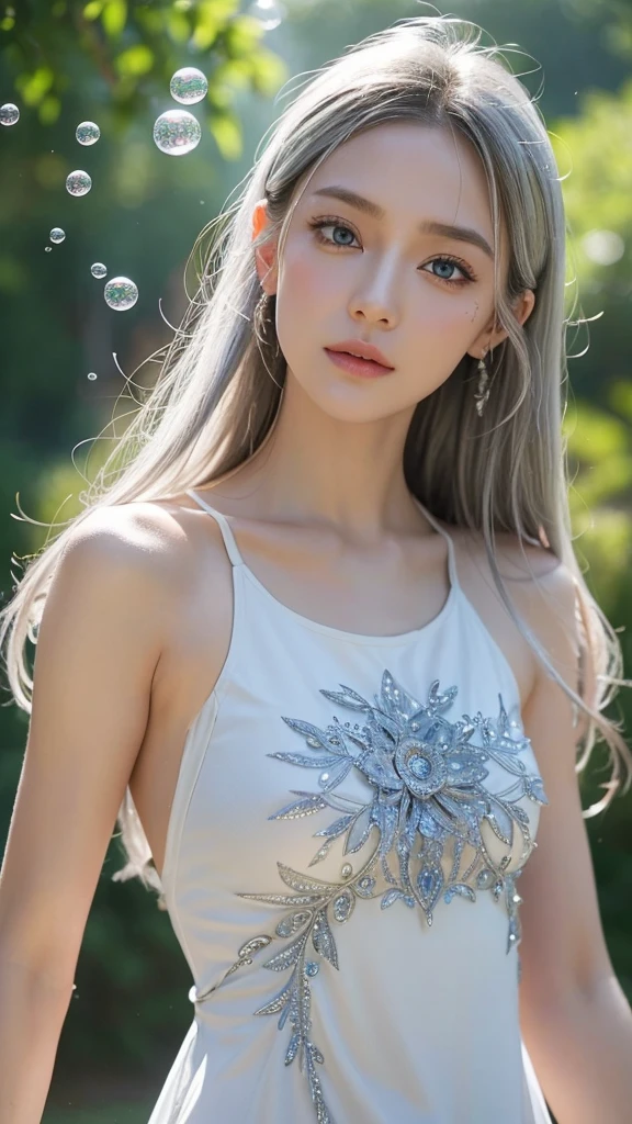 (best quality:1.4), (white hair), (silver hair), (ultra highres:1.2), (photorealistic:1.4), (8k, RAW photo:1.2), (medium shot :1.5) , (thai girl ),(look at viewer),(ponytail white hair:1.3), (blue eyes), (wearing brown busty patung dress:1.4), (beautiful leg), (big and large breast), natural light, rim light, (beautiful teeth smile, smiling) , (open mouth) , full body