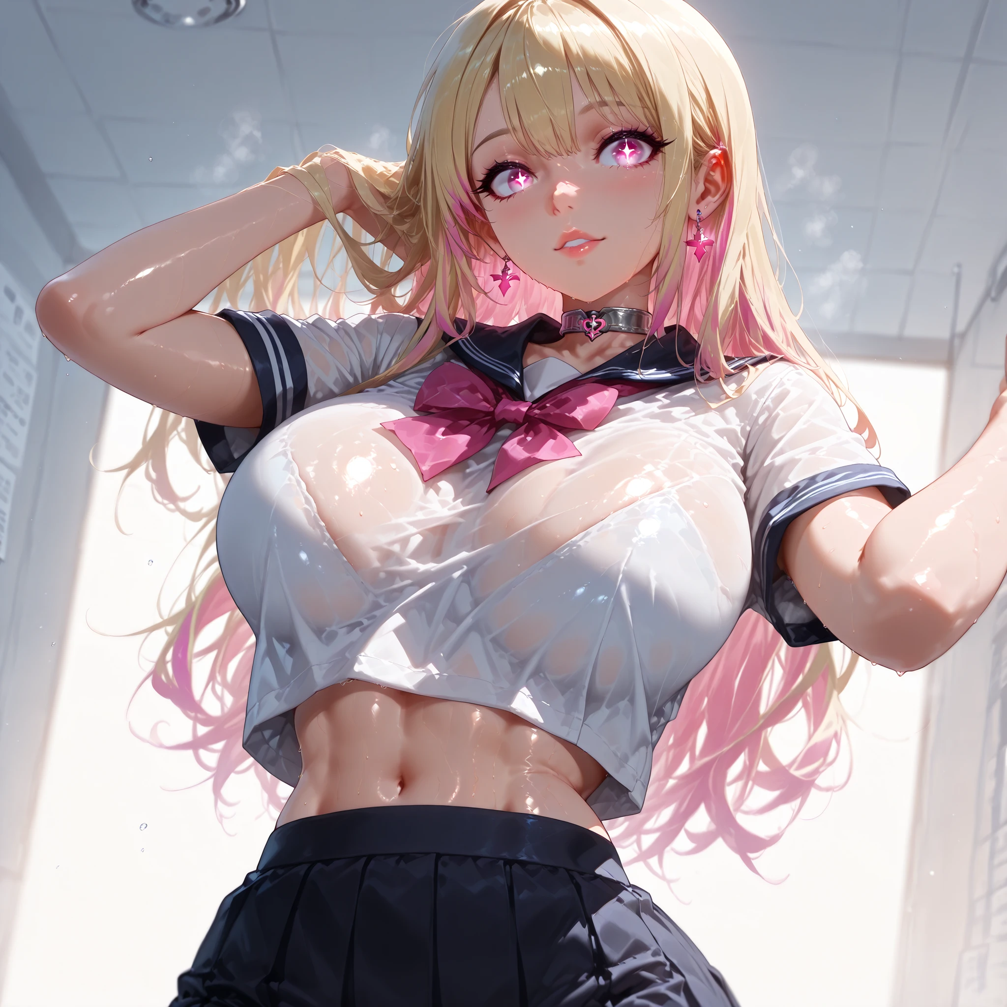 (1girl, solo, full body), ((dynamic angle:1.3)), ((dynamic action:1.3)), extreme proportions, ((model-thin proportion:1.3)), (ethereally slender:1.3), (paper-thin waist:1.4), (bony:1.2), (protruding ribs:1.2), (protruding collar bones:1.2), (underweight:1.3), (narrow waist:1.4), (slender stomach:1.2), (arched back:1.2), (thin fingers:1.1), (huge breasts:1.2), (hollowed stomach:1.2), (exposed belly:1.2), (sweat:1.1),
((detailed face:1.3)), (youthful beauty:1.3), (sweet expression:1.2), (((detailed eyes:1.5))), (((shiny, reflective eyes:1.5))), (((luminous irises:1.4))), (((glowing highlights in eyes:1.4))), (((sparkling pupils:1.3))), ((long eyelashes:1.3)), ((fluttering lashes:1.2)), (cute big eyes:1.3), ((detailed lips:1.3)), (glossy lips:1.2),
((detailed skin:1.3)), (flawless skin:1.3), (soft glow skin:1.2),
(((masterpiece))), (((hyper-realistic))), ((ultra-detailed)), ((high-resolution)), ((sharp focus)), ((depth of field)), ((rich textures)), ((vibrant tones)), (deep shadows:1.2), (luminous highlights:1.2), (neon glow:1.1), ((soft glow)), ((natural light)), ((cinematic lighting)), ((high contrast)), ((illuminated))