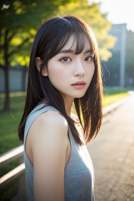A close-up portrait of a young Asian woman with long, straight black hair, soft natural lighting, and a serene expression. She is wearing a simple, elegant outfit and standing in front of a blurred background of green foliage. High detail, photorealistic, 8k resolution, ultra-detailed、((Upper Body:1.3))