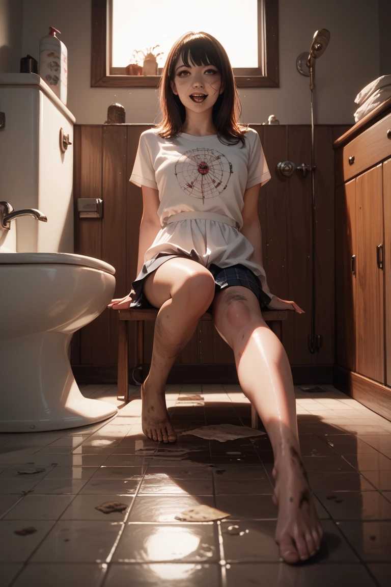 Public bathroom, 45 years old, skinny, squatting, wet (front view), (full body view), (beautiful hands), (masterpiece), (((best quality))), (perfect Feet:1.1), (beautiful legs), (perfect face), wet shirt,