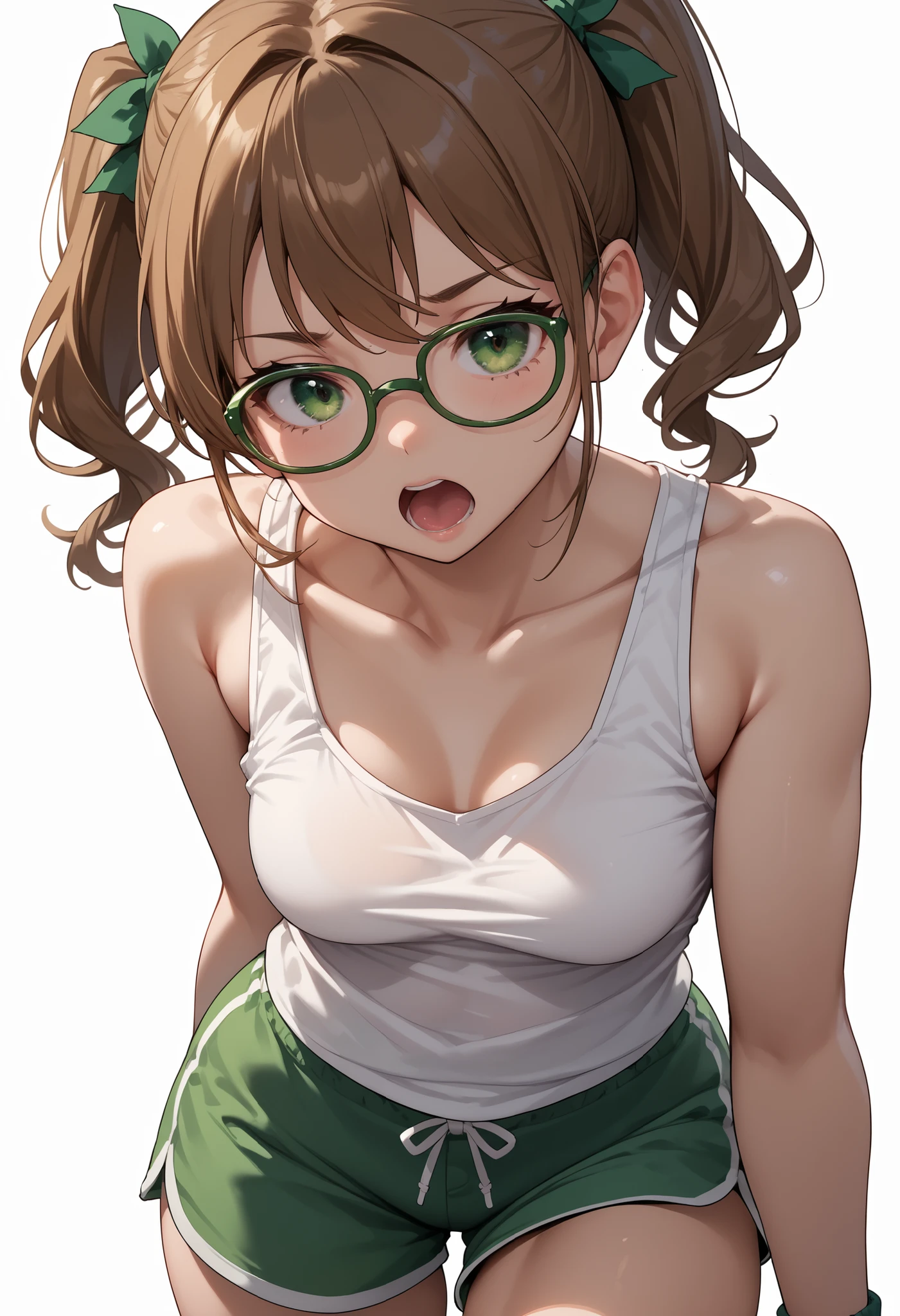 1 girl,heart-shaped pupils, hand on hair, ((((light brown hair)))), ((green eyes)), long hair, (((long ponytail hair))), Upper body, trembling, Sweat, Sweatdrop, heart, (speed line:1.1), ((Flat milk)), ((heavy breathing:1.3)), like, heart, ((smiling look)), Yandere, ((very huge breasts)), (glasses), ((green tanktop)), ((denim jeans)), cowboy shot, ((ponytail)), ((adult)), green colored tanktop, green colored shirt, red hair donut, simple white background