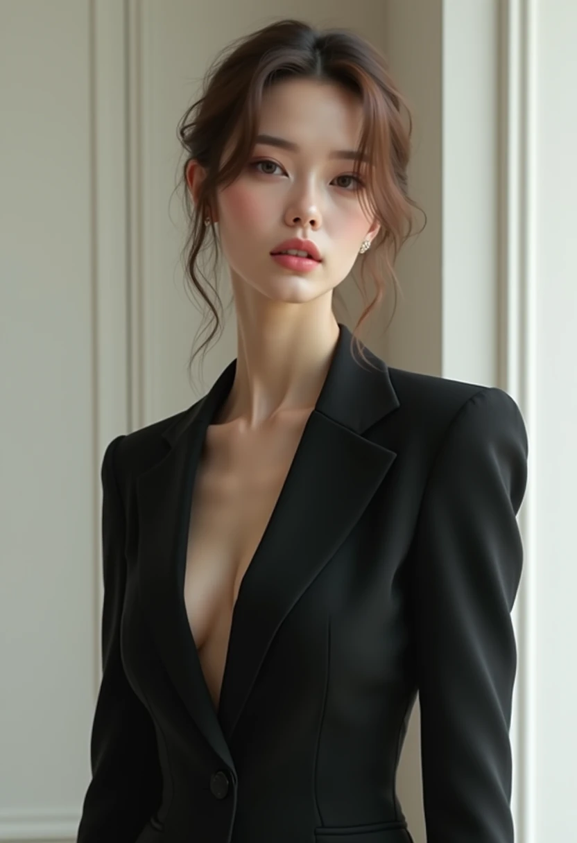 Top Quality, Masterpiece, 1 Girl, Beautiful Face, (Photorealistic Picture:1.3), Rim Lighting, (High Detail Skin:1.2), 8K UHD, DSLR, High Quality, High Resolution, 4K, 8K, Bokeh, Absurdity, Best Ratio Four Fingers and One Thumb, (Real:1.3), Small Face, Cute One Girl, Black Formal Blazer, Middle Breast, Short Skirt, Office