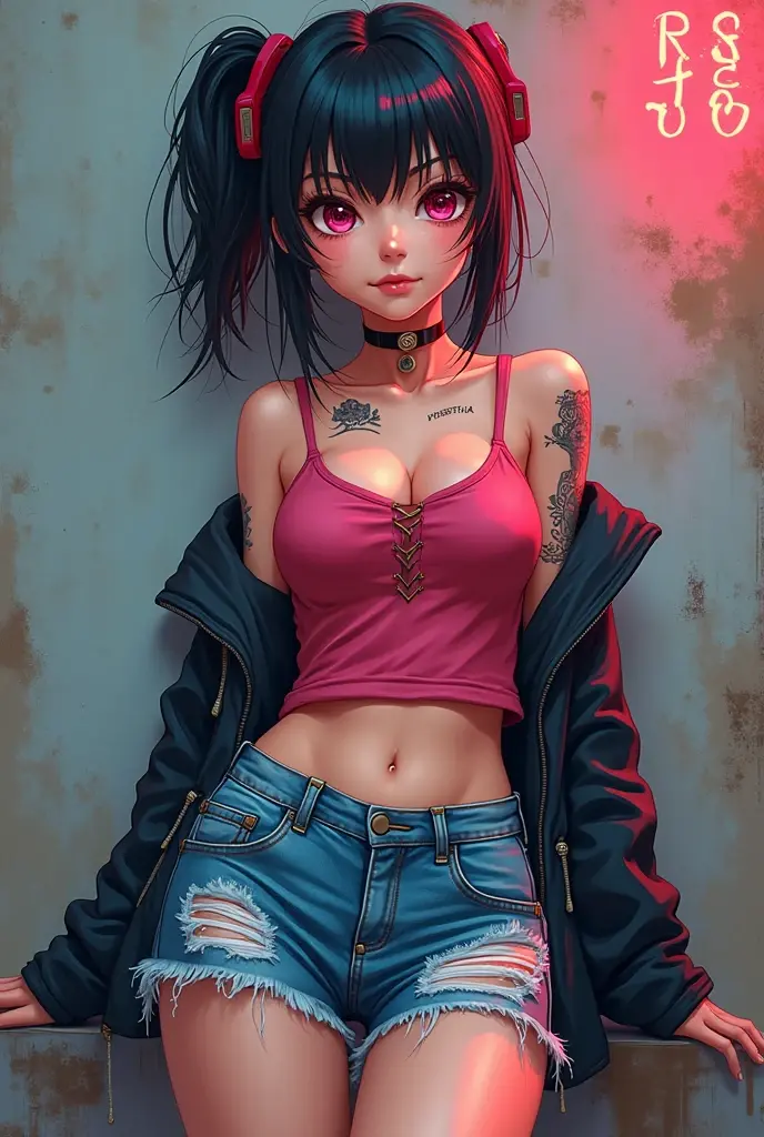 Anime girl wearing short jeans with holes and tattoos 