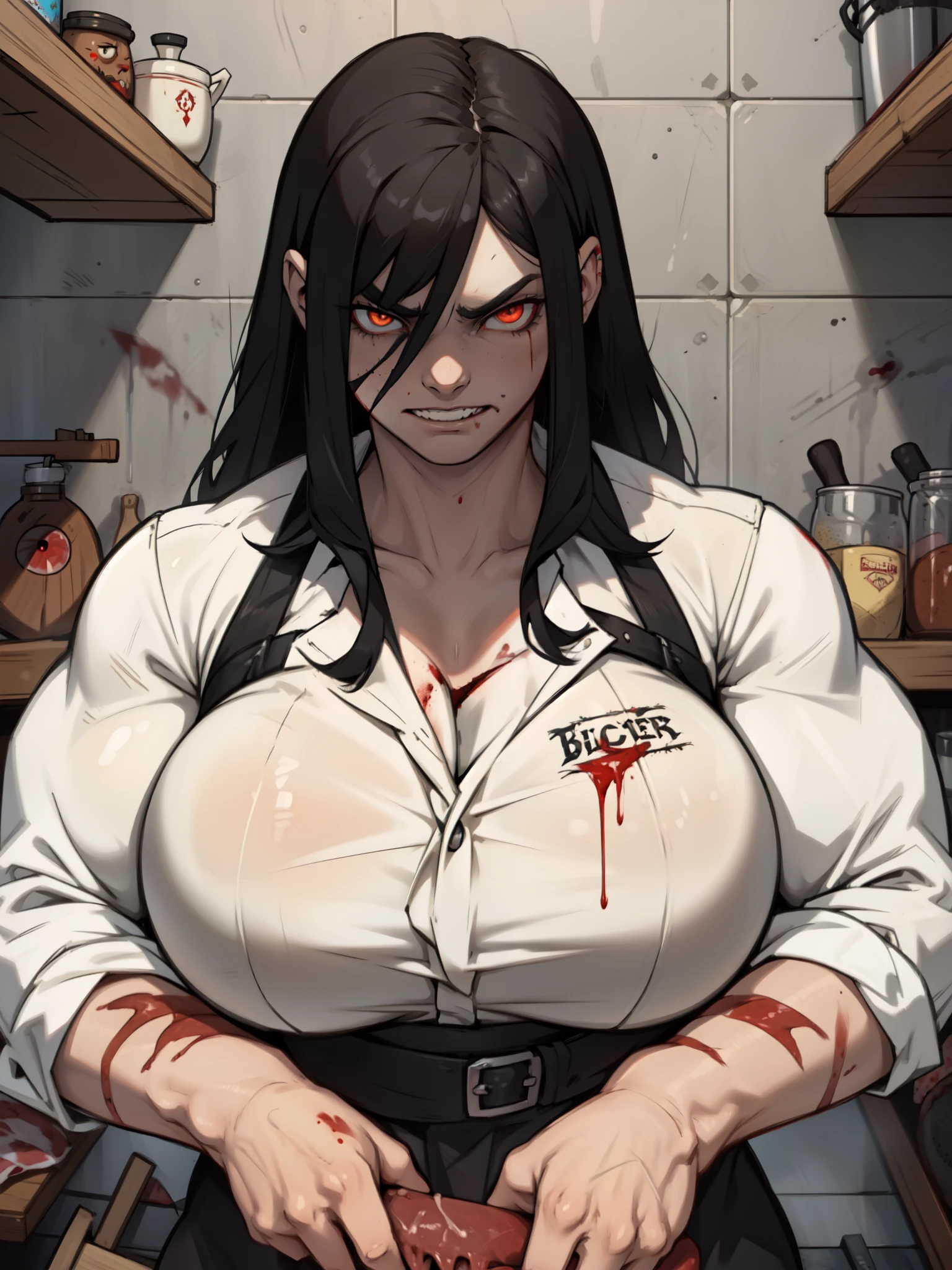 1girl, solo, (extremely long hair), pale skin, (muscular), sweaty, shiny skin, ((huge breasts)), muscular, midriff, black hair, yellow eyes, (thick thighs), bed, standing, (((bleeding))), (((bruise))), (((blood))), (((cuts))), ((tears)), crying, (looking at viewer), (see-through)