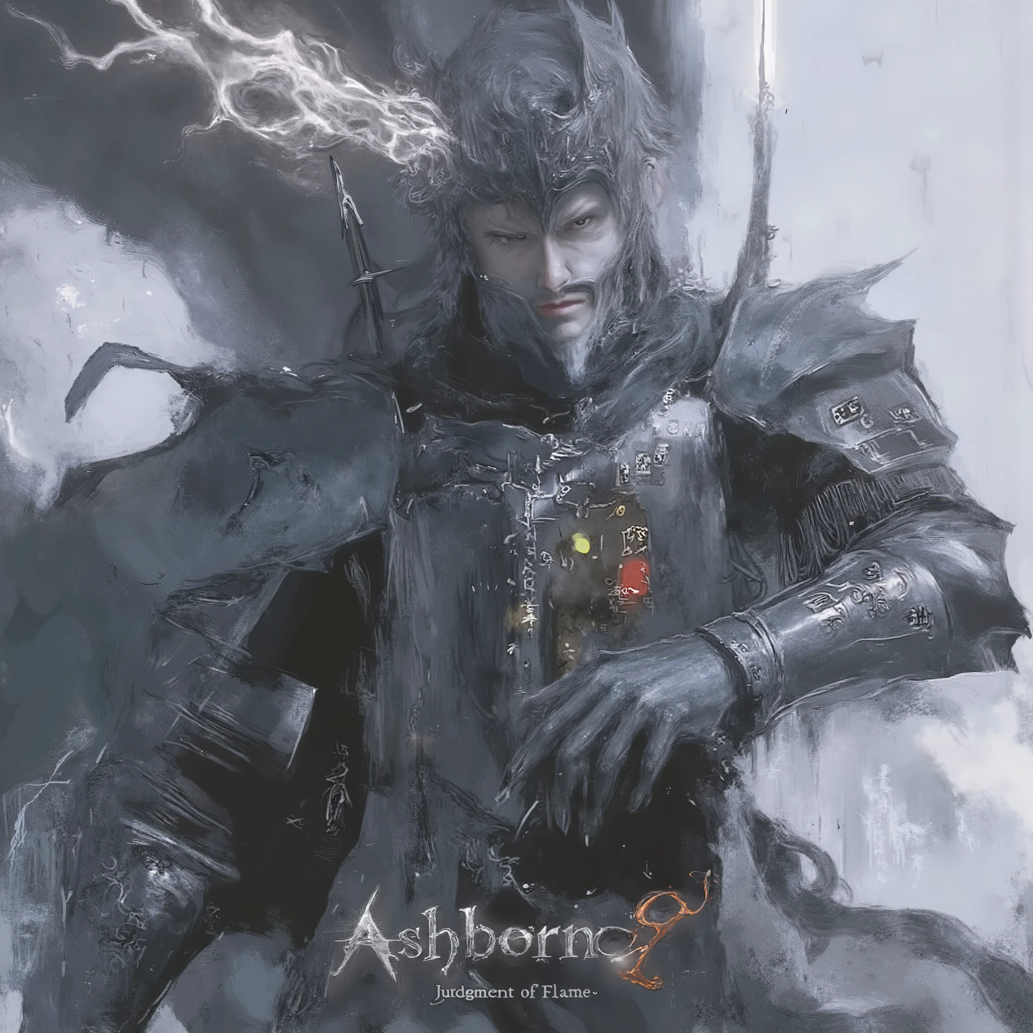 brown disheveled hair black , cold and cold gray eyes with a slight blue tint, knight, The appearance is majestic, as if from darkness, height 185, inside silence ash, layer of runic signs, dark armor made of mysterious metal, looks like the knights of dark souls, covered face with mask, echo of darkness and flame, gray flame, also in the middle below is the name Ashborne: Judgment of flame