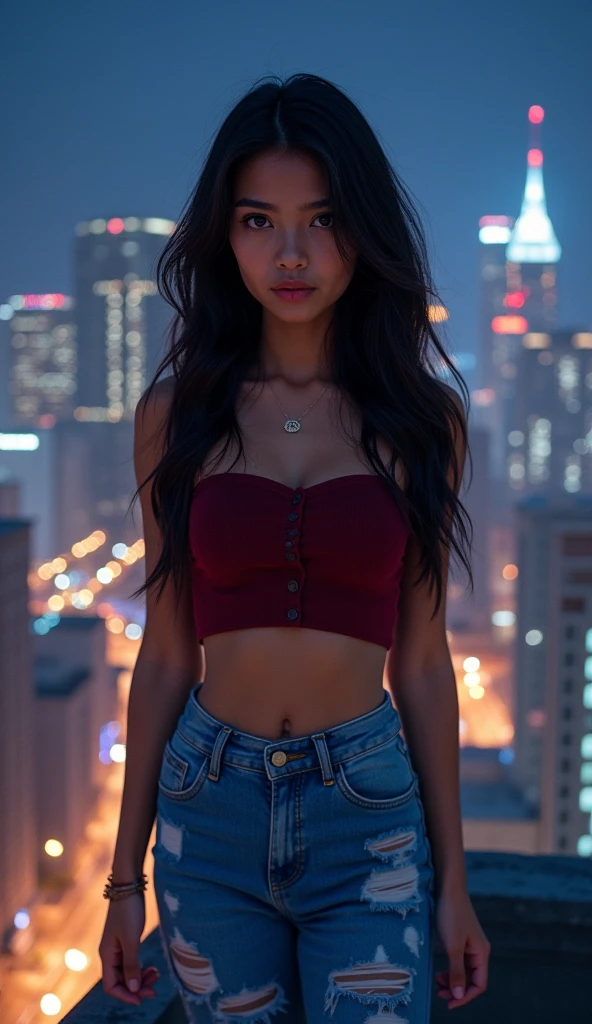 1girl, beautiful detailed eyes, beautiful detailed lips, extremely detailed face, long eyelashes, photoshoot model, captivating smile, mesmerizing gaze, gorgeous lighting, best quality, masterpiece, extremely detailed, hyper-realistic, black hair, short tank top, short shorts, thigh high socks, medium bust, fair skin, (dramatic sunset background:1.4)