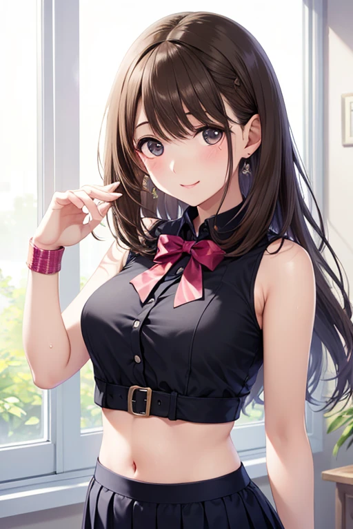 1girl, beautiful NobaraJK, bra, skirt, smile, navel, fancy bra with special pattern, nail_polish, stomach, black_skirt, midriff, pleated_skirt, volumetric lighting, best quality, masterpiece, intricate details, tonemapping, sharp focus, hyper detailed, trending on Artstation, long fancy fluffy hair, big
