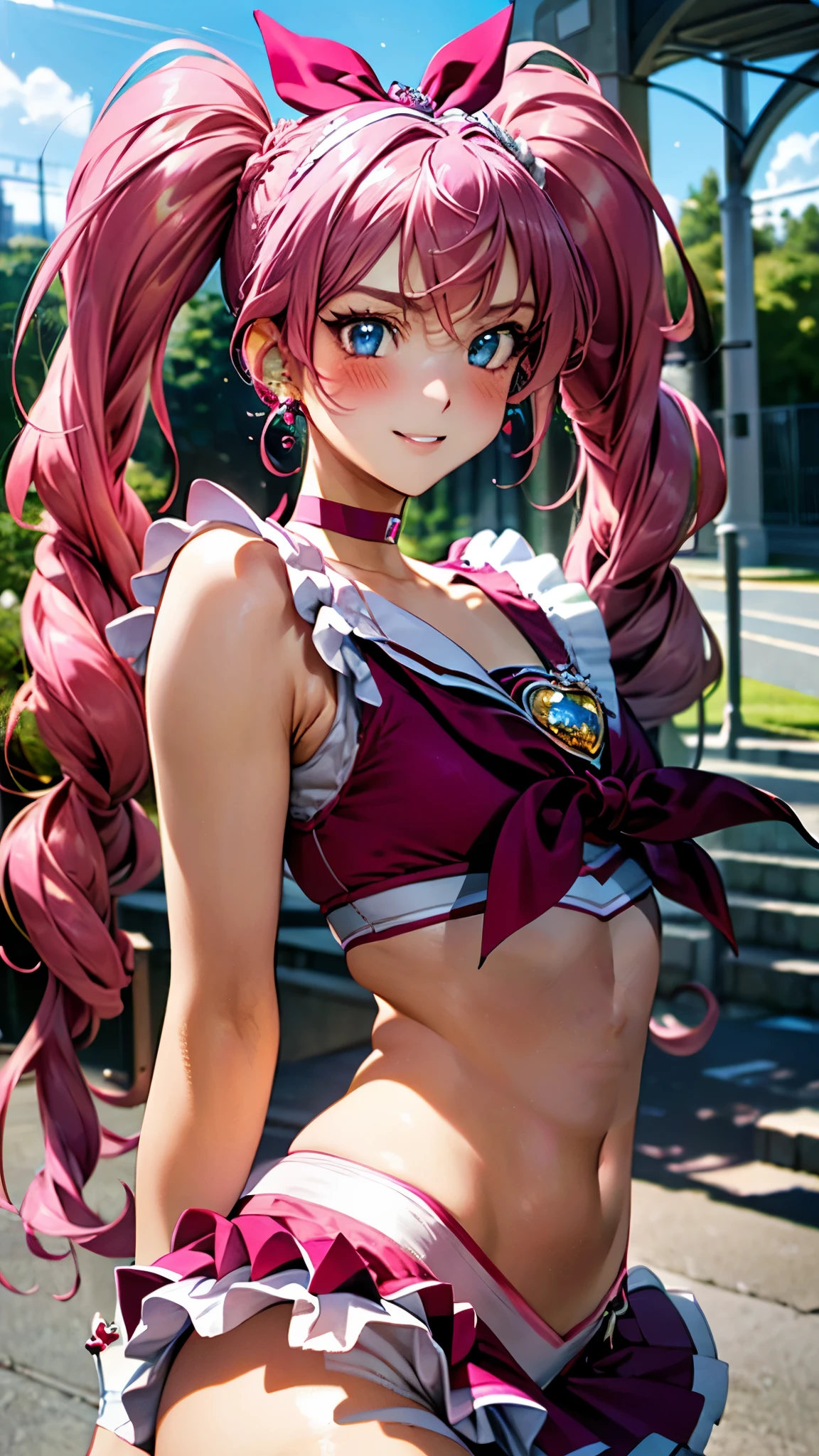 (masterpiece:1.3, top-quality, ultra high res, ultra detailed), (realistic, photorealistic:1.3), beautiful illustration, perfect lighting, natural lighting, colorful, depth of fields, 2025s, ,
beautiful detailed hair, beautiful detailed face, beautiful detailed eyes, (perfect anatomy, anatomically correct, super detailed skin), pink skin, shiny skin,
looking at viewer, (face focus, upper body), 1 girl, junior high school girl, melody_a, cute and symmetrical face, perfect face, perfect eyes, perfect body, babyface, cute face:1.2, tiny,
(long hair, twintails, long sidelocks, pink hair, crossed bangs), blue eyes, big eyes, long eye lasher, (medium breasts, narrow west, seductive thighs), skin dentation,
(detailed cloth texture), (pink bow, choker, pink choker, jewelry, magical girl, cure melody dress, frills, midriff, skirt, frilled skirt, pink thigh highs, pink shoes,),
(beautiful scenery), summer, evening, detailed background, (school gate:1.5), walking, (pose with movement), (lovely smile, shy, blush, parted lips),