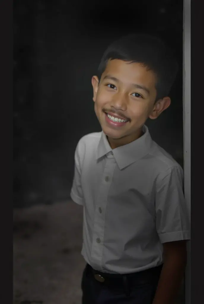 (REALISTIC) (little boy) (cute) (cute face) ,8 years Old, Indonesian young boy, handsome, gorgeus brown eyes, soft smile, straight black hair, white uniform shirt, elderly stranger in Outdoor place, awkward situation, many people at there, proper eye position, highly detail, 8k, ultra detailed background, showing full body, 