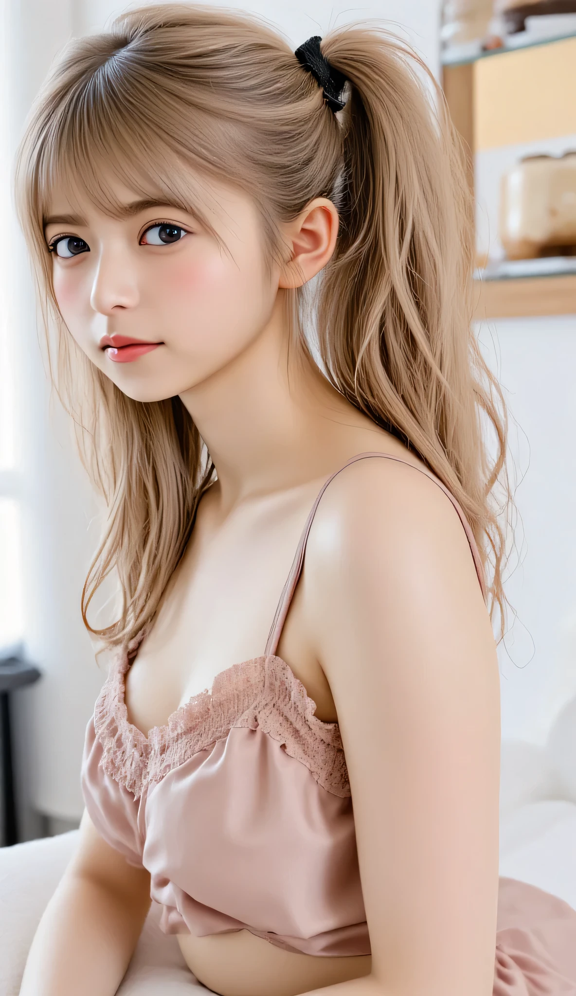 1 woman、Japanese woman、high resolution, masterpiece, anatomically correct, accurate, 最High Quality, High Quality, textured skin, cowboy shot, Portrait Photography, Aperture F2.8, ponytail, smiles, Hospital、 cafeteria、maid outfit、I'm taking orders、behind the counter、and there is a cake shelf above the counter