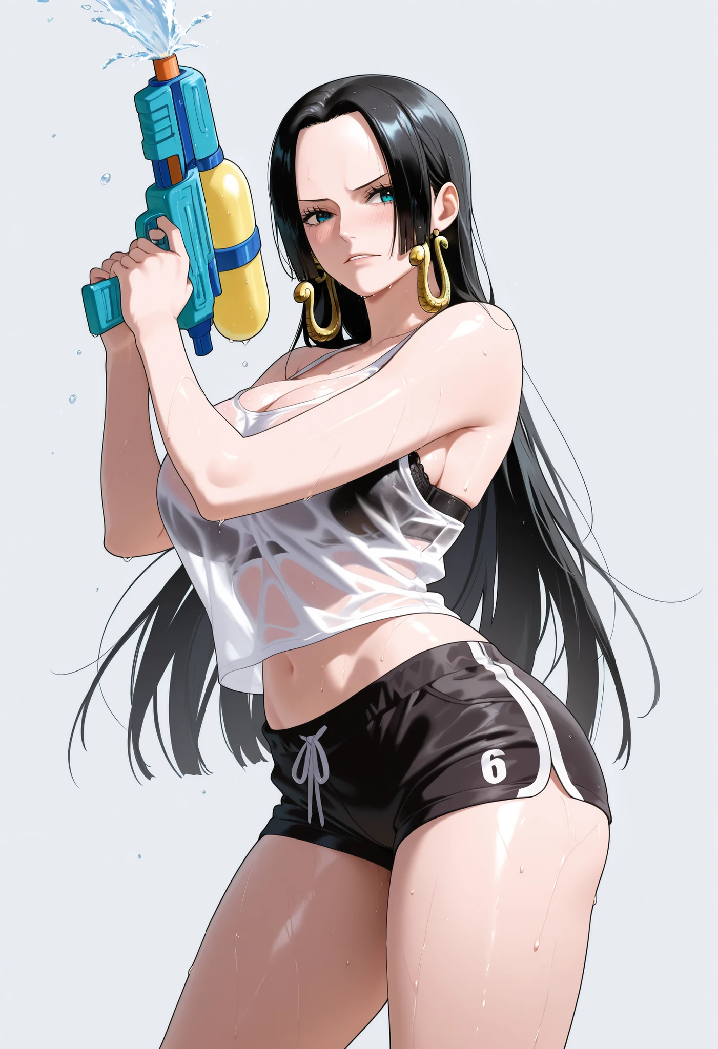 masterpiece, best quality, amazing quality, 1girl, (Boa Hancock, One Piece, Chainsaw man, blue eyes, black hair), wearing white tank top, wearing black bra, shy Face, close up shot, simple background, medium size , golden ratio face, sexy pose, Pinkish skin tone, smooth and soft skin, shiny skin, standing, Standing up, bottom view, side view, showing, (nsfw:1.2), wet body, holding water gun, Bangkok background, wearing black shorts