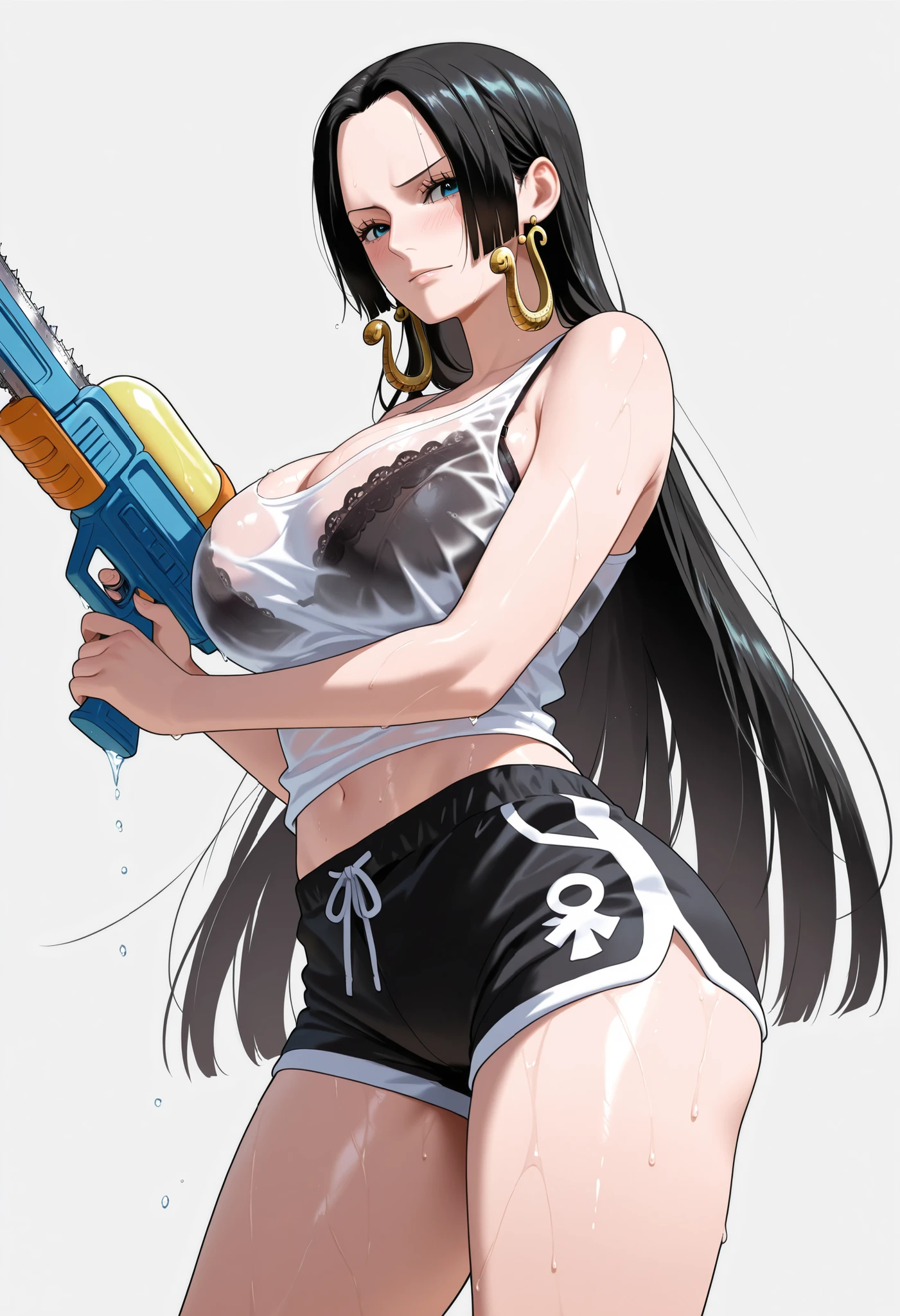 masterpiece, best quality, amazing quality, 1girl, (Boa Hancock, One Piece, Chainsaw man, blue eyes, black hair), wearing white tank top, wearing black bra, shy Face, close up shot, simple background, medium size , golden ratio face, sexy pose, Pinkish skin tone, smooth and soft skin, shiny skin, standing, Standing up, bottom view, side view, showing, (nsfw:1.2), wet body, holding water gun, Bangkok background, wearing black shorts