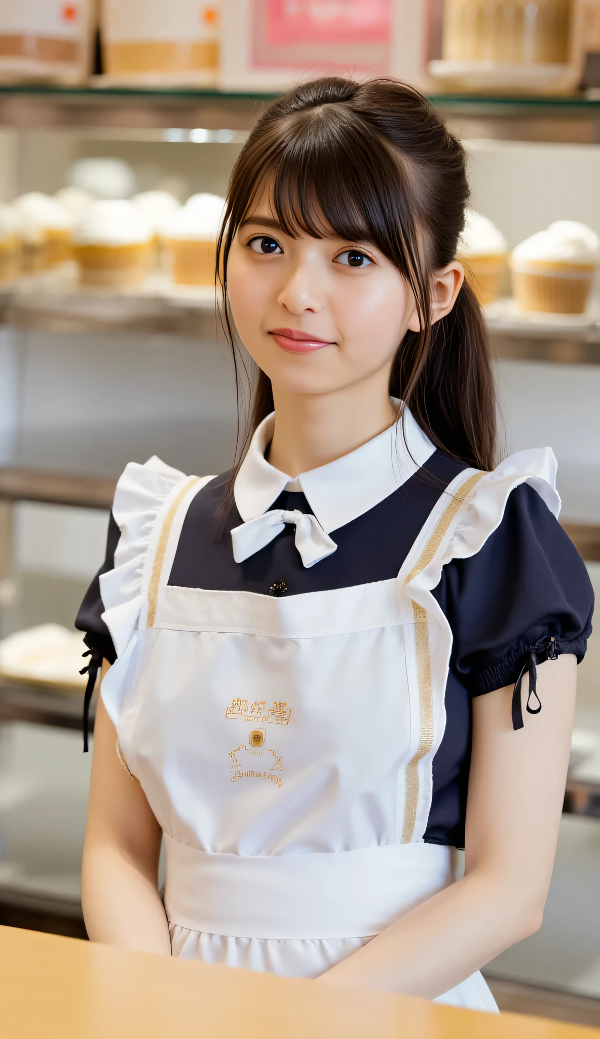 1 woman、Japanese woman、high resolution, masterpiece, anatomically correct, accurate, 最High Quality, High Quality, textured skin, cowboy shot, Portrait Photography, Aperture F2.8, ponytail, smiles, Hospital、maid outfit、I'm taking orders、behind the counter、and there is a cake shelf above the counter