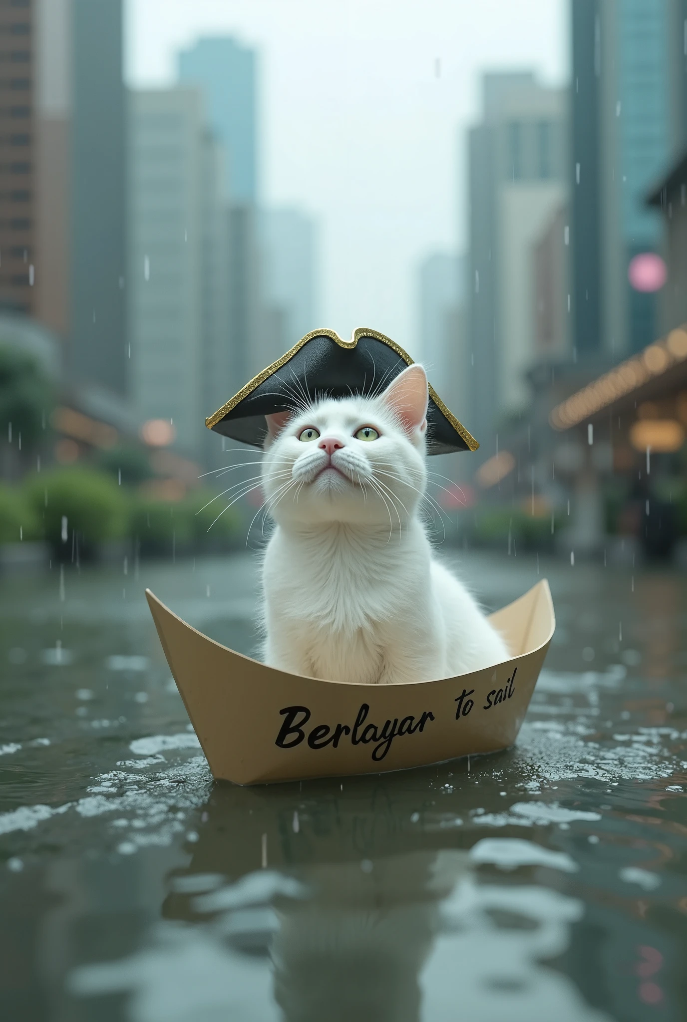 The white cat is wearing a little pirate hat and "berlayar" on a paper boat in a puddle of rain, against the backdrop of a miniature city behind him