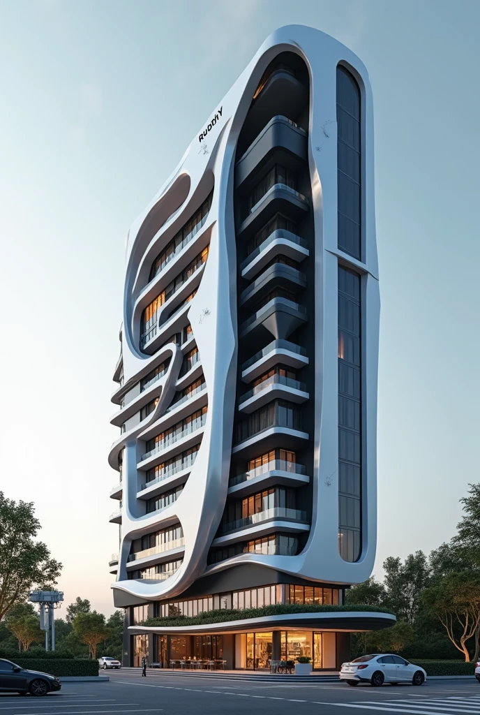 Postmodern design in iran facade of restaurant , shell of paper design , 7.5 meter width, 22 meter height, front view, one sided  , high quality rendering architecture, greenness, in iran,cinematic, luxury architecture facade view