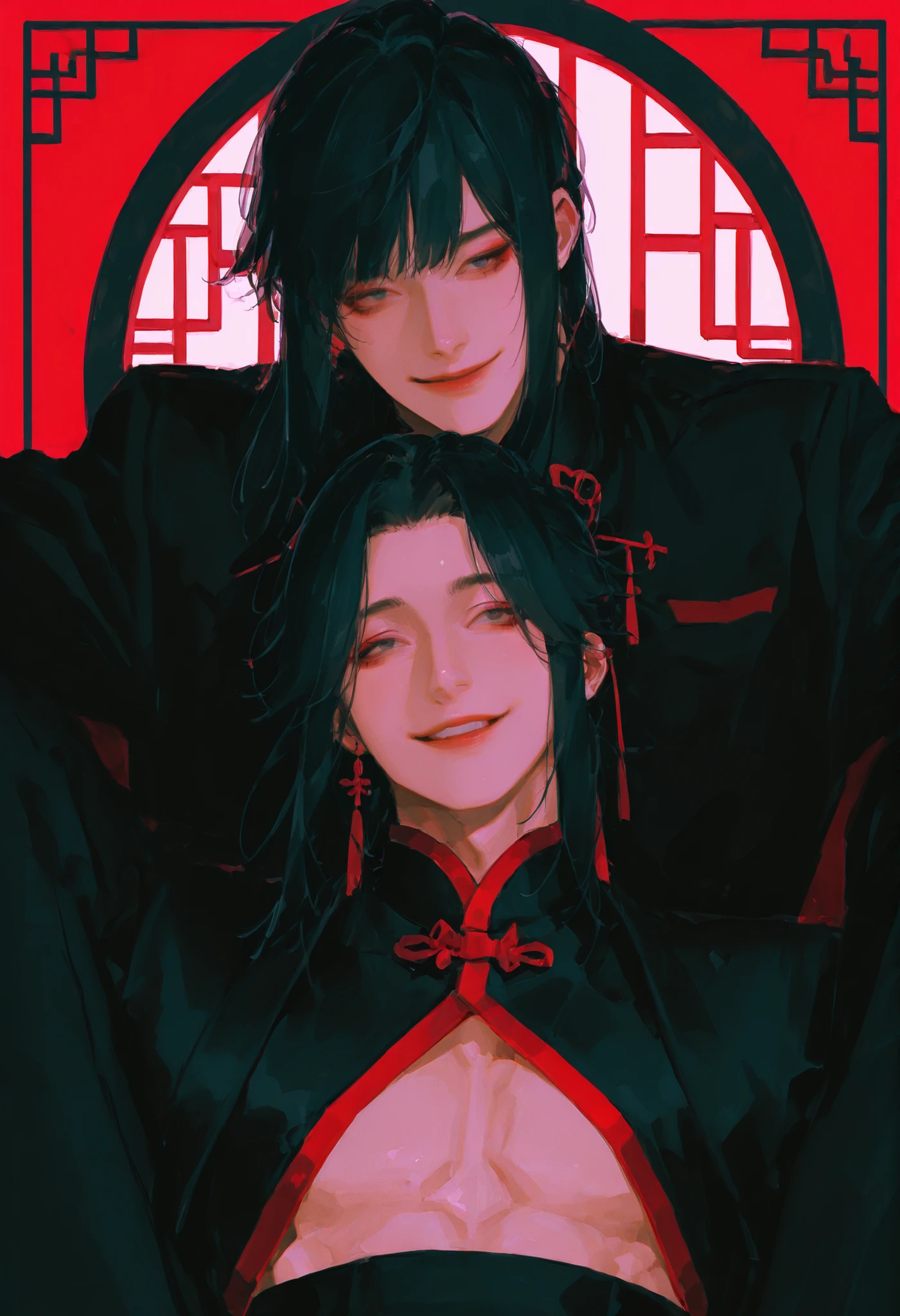 male in his 30s black hair Chinese Style bust up smile