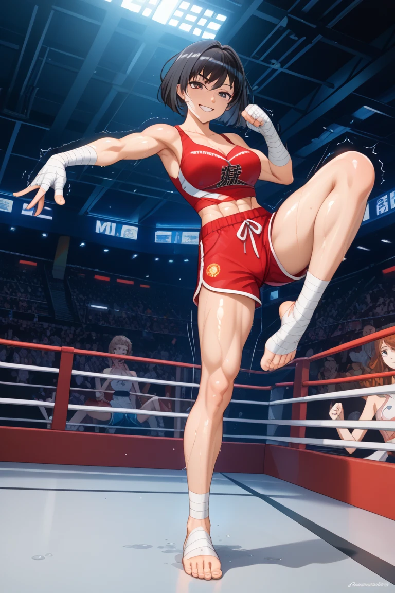 Korean martial arts woman, in white bra, white cotton panties, throwing a high kick, anime art style, intricate details