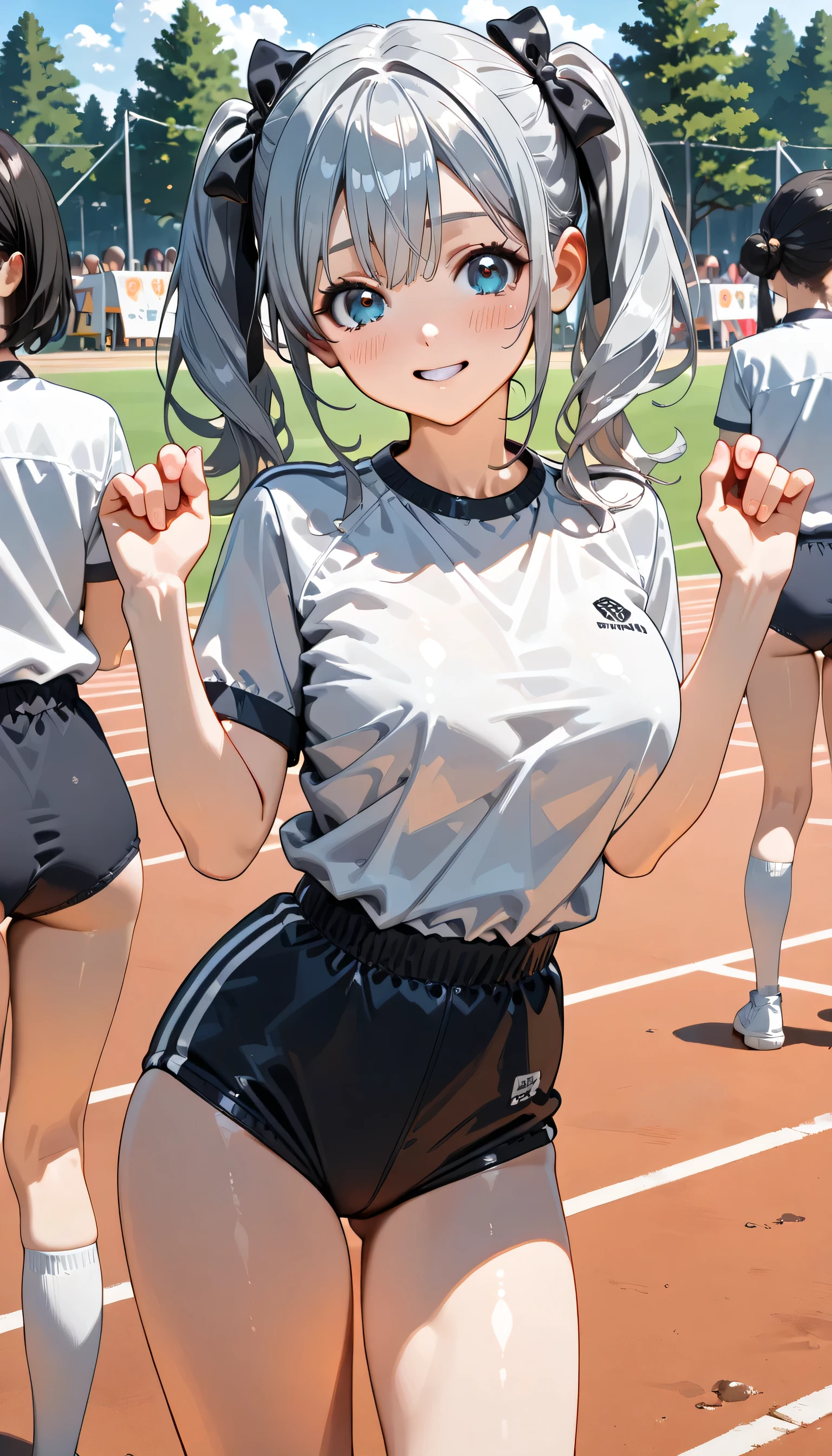 ((ultra-detailed)), (highly detailed CG illustration), (best quality:1.2), ultra-highly detailed, colorful composition, artistic photoshoot, 1girl, solo focus, ((thigh to top:1.4)), ((cowboy shot:1.4)), moe anime character, girl, dainty facial structure, (baby face), (round face), ((rounded chin:1.2)), ((ideal ratio body proportions)), celia-default, celia claire, (blue eyes), sparkle eyes, ((wearing glasses)), g-boston19A, glasses, silver hair color, long hair, two side up, (hair ribbon with red), see-through nipples, ample breasts, (navy blue school gym buruma), ((smile)), ((blush:1.4)), ((doing radio calisthenics:1.4)), girls doing radio calisthenics, ((standing on the school Athletic Festival:1.4)), from front, dynamic pose, contrapposto pose, best quality, expecting, pink cheek, blush, light pink gloss slip, portrait, depth of field, sparkling sunlight, lighting, backlighting, (shine), lighting, caustics, ray tracing, perfect face, lustrous skin, highly detailed face, highly detailed eyes, perfect face, perfect nose, perfect hair, perfect eyes, perfect anatomy, beautiful hair, beautiful small face, extremely detailed face, beautiful detailed eyes, beautiful clavicle, beautiful body, beautiful ample breasts, leavage, breasts squeezed together, equalize the size of the left and right breasts, beautiful thin thighs, beautiful legs, beautiful fingers, ((4 fingers)), 1 thumb, lovely, (very detailed background:1.0), (highly detailed background:1.0), summer aesthetic, intricate details, festival atmosphere, summer colors palette, chromatic aberration
