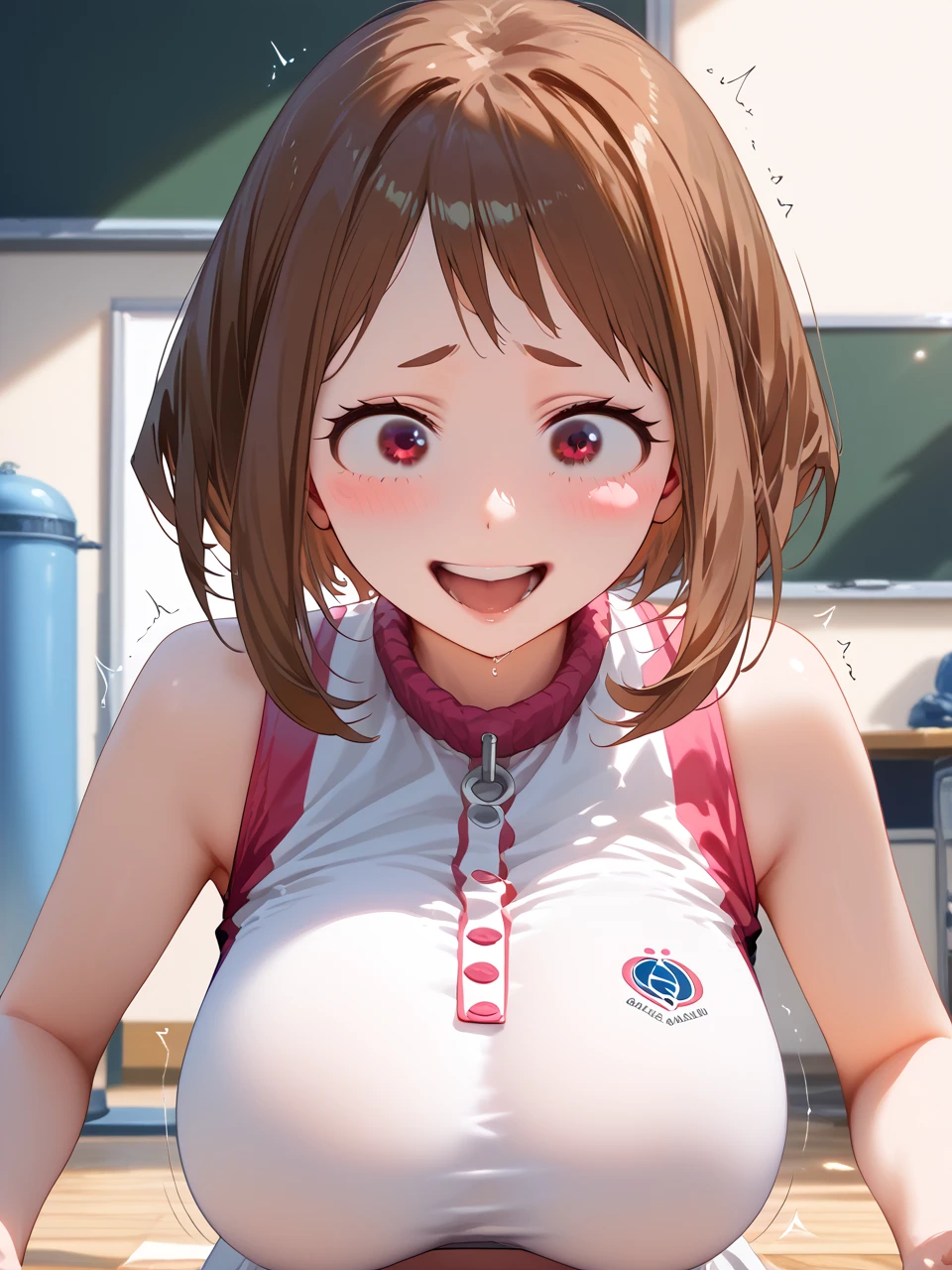 (masterpiece, highest quality),
1 girl, close up of face, (From before:1.2), (crawl on all fours on the floor:1.2), (look down:1.2),
break girl, evidence_Nishinomiya, 10,light brown hair, long hair, shiny hair, (Beautiful and detailed brown eyes), (big breasts:0.9), beautiful face, 
Break Casual, jeans, T-shirt, down blouse, (good:1.2), chest gap, saggy breasts, 
smile, open your mouth,
Break Background Class,
