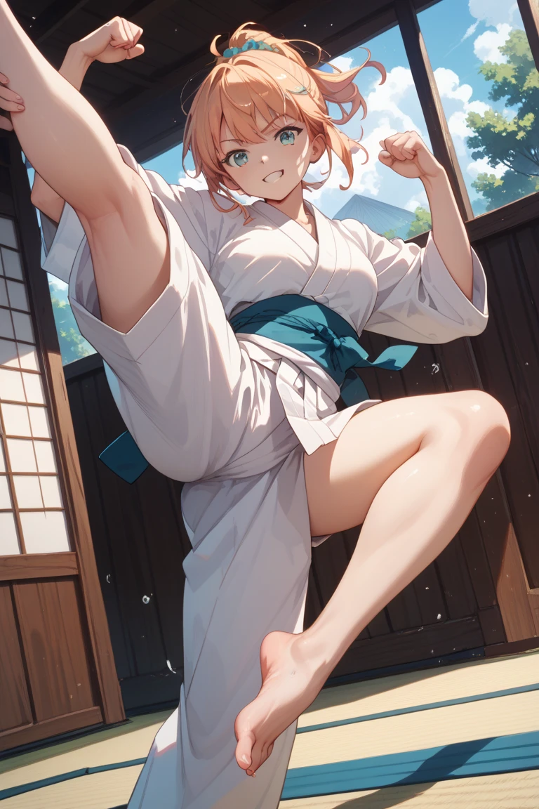 karate、Beauty、dojo、buttocks emphasis、kick
