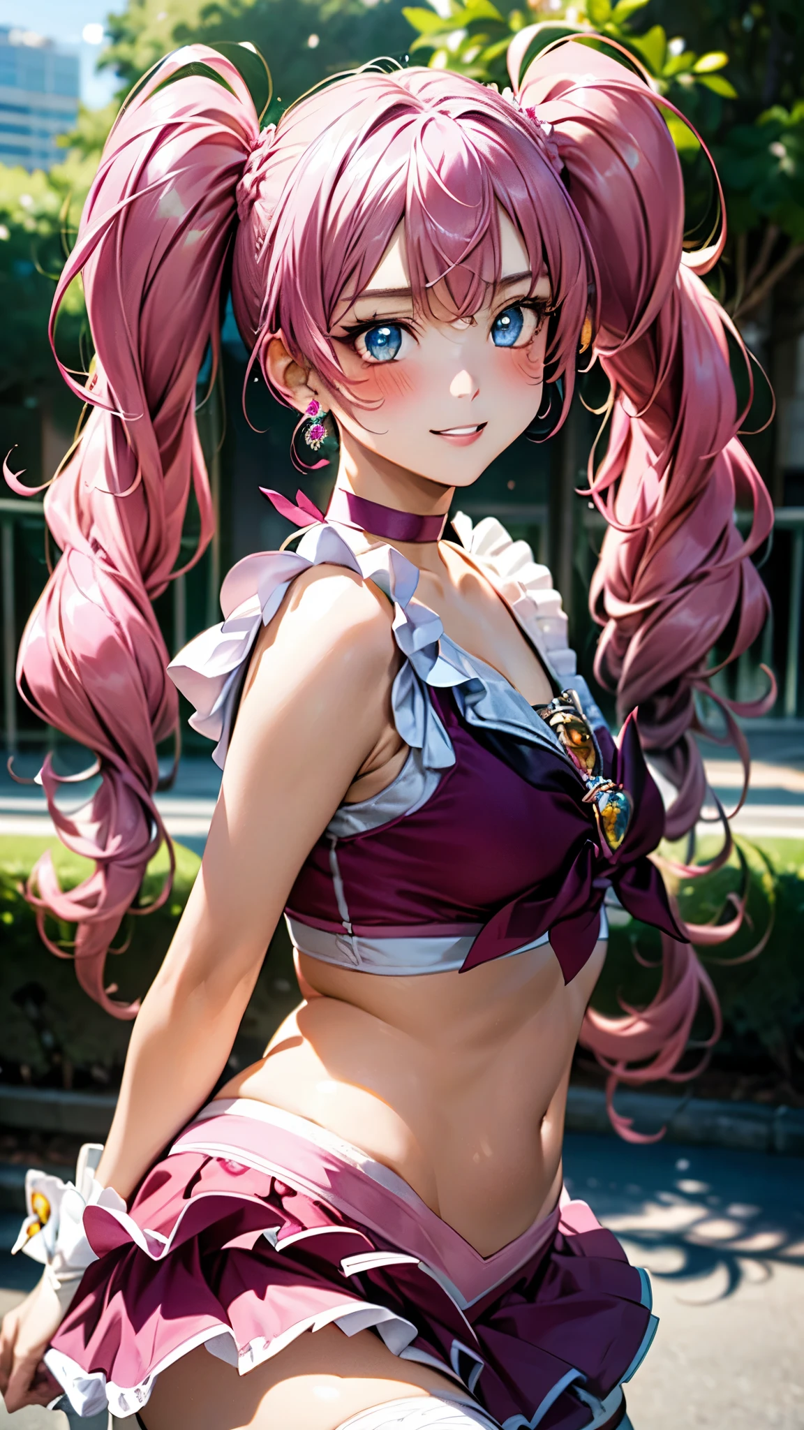 (masterpiece:1.3, top-quality, ultra high res, ultra detailed), (realistic, photorealistic:1.4), beautiful illustration, perfect lighting, natural lighting, colorful, depth of fields, 2025s, ,
beautiful detailed hair, beautiful detailed face, beautiful detailed eyes, (perfect anatomy, anatomically correct, super detailed skin), pink skin, shiny skin,
looking at viewer, (face focus, upper body), 1 girl, junior high school girl, melody_a, cute and symmetrical face, perfect face, perfect eyes, perfect body, babyface, cute face:1.2, tiny,
(long hair, twintails, long sidelocks, pink hair, crossed bangs), blue eyes, big eyes, long eye lasher, (large breasts, narrow west, seductive thighs), skin dentation,
(detailed cloth texture), (pink bow, choker, pink choker, jewelry, magical girl, cure melody dress, frills, midriff, skirt, frilled skirt, pink thigh highs, pink shoes,),
(beautiful scenery), summer, evening, detailed background, (park:1.5), walking, (pose with movement), (lovely smile, shy, blush, parted lips),