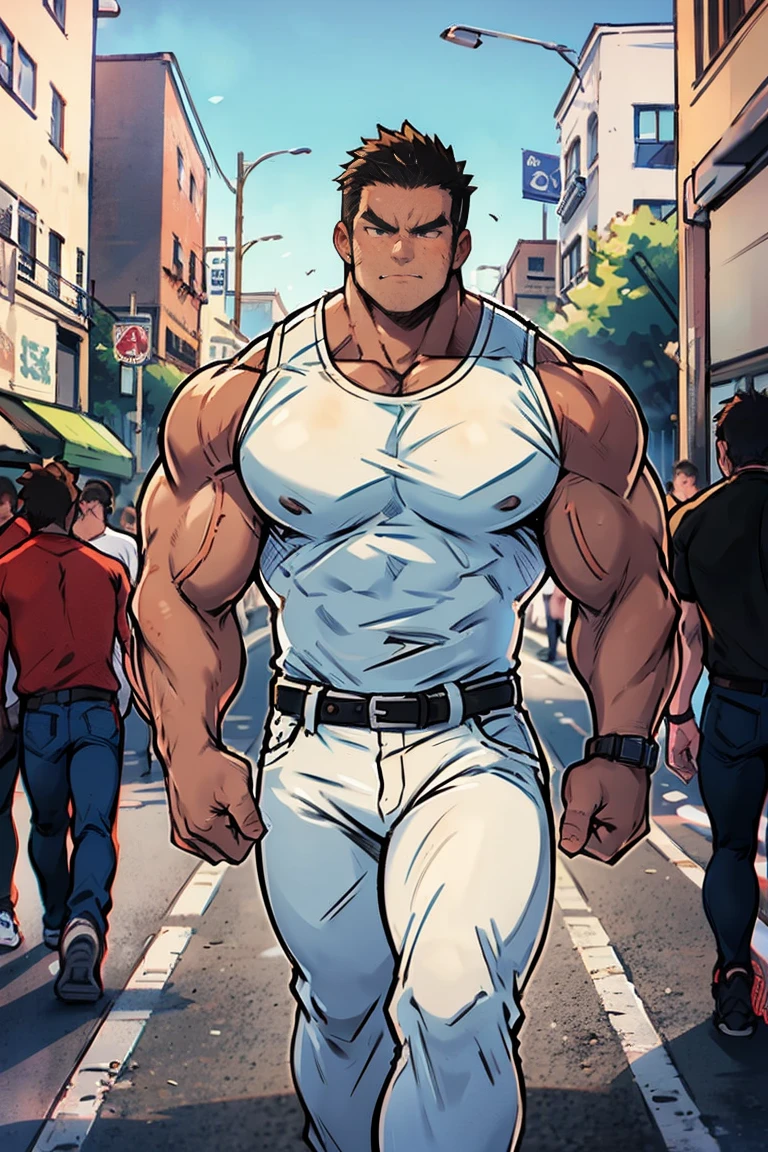 (((1 Personalidade masculina gordo barriga avantajada coxas extremamente grossas))), fazendo compras nas ruas da cidade, he is undressed wearing only white swim trunks and a watch.cords on the neck. pulseira no pulso