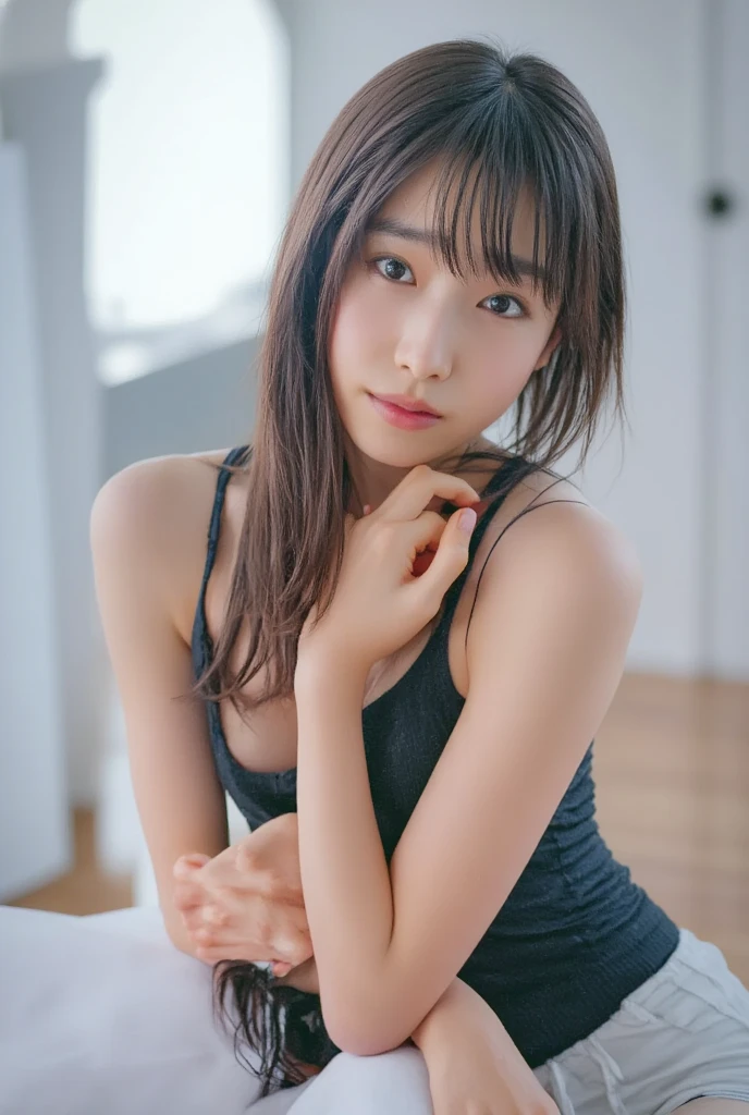 exemplary Japanese beauty、very slender girl、a japanese model, 16 year old female model, In 4K、bangs down、long hair、medium straight hair、Slightly longer bob hair、(sea-through leotard:1.5 、black stockings:1.5), (Idol style super cute face:1.2、super slender body:1.2)、 beautiful figure、beautiful leg、big laugh with teas、in dark laboratory、standing 、calm、sexy、arms up:1.5、full body:1.5、stretching