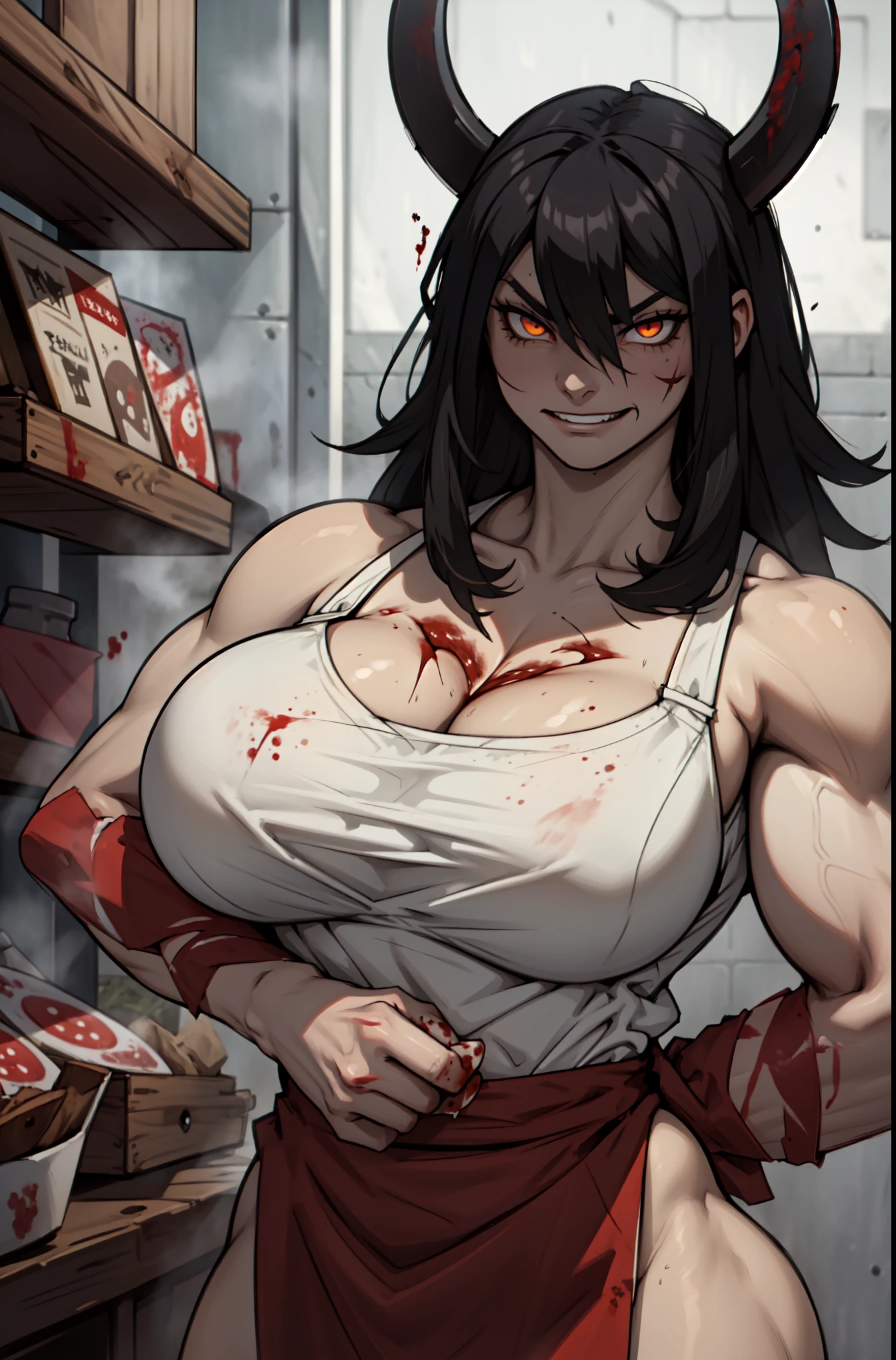 sad pale muscular girl massive breasts hair black hair yellow eyes extremely long hair sad dark atmosphere thick bloody blood bleeding