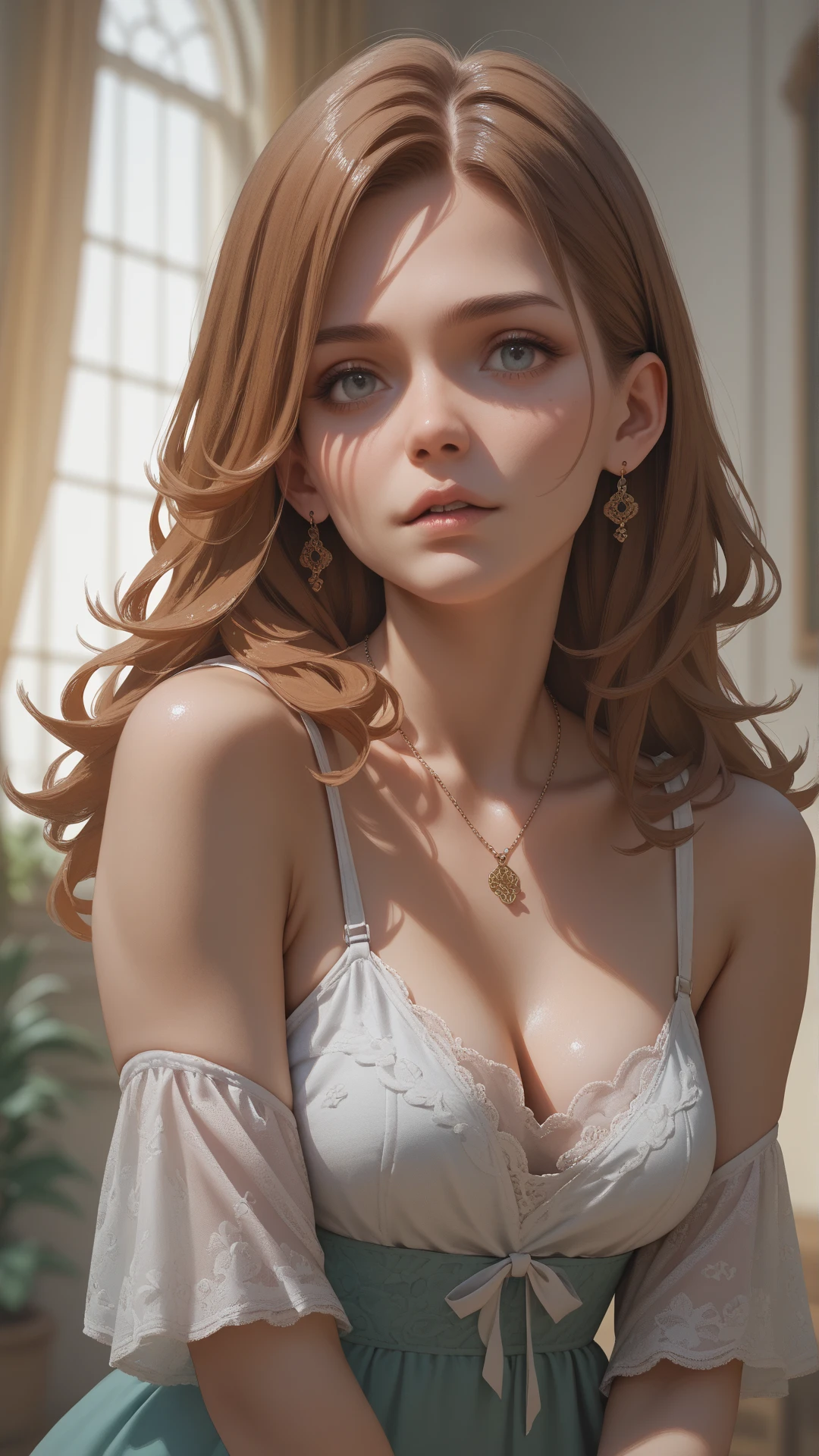 a beautiful redhead girl, long straight messy hair, detailed cute freckles, medium firm breasts, slim waist, wearing a low-cut dress with firm ????? nipples pking through, detailed facial features, looking leeringly and seductively, photorealistic, masterpiece, 8K, hyper detailed, realistic, cinematic lighting, warm colors