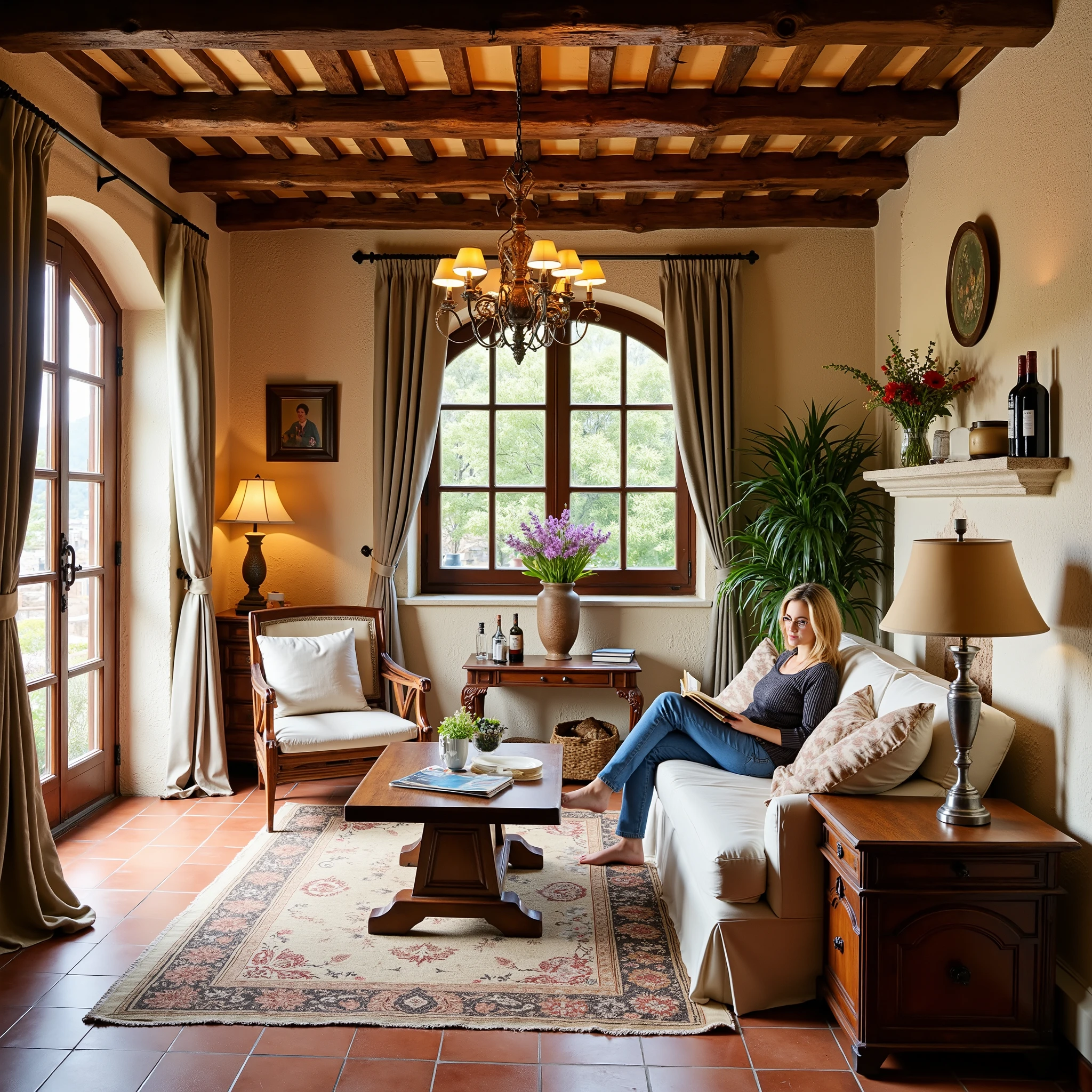 "A warm and elegant Tuscan style interior: rustic stone walls, exposed wooden ceiling beams, terra-cotta floor tiles, large arched windows and linen curtains, antique wooden furniture, wrought iron chandelier, outdoor fireplace, zA palette of colors in green and earth tones, decorated with ceramic ornaments and wine bottles, A sunny and inviting environment in the Mediterranean air." Do you want the furniture to be detailed? . Have a magazine on the table. Let the curtains be in coffee tones. Let the woman read a book on a sofa in the venue . Let the woman have blond hair and glasses in her eyes