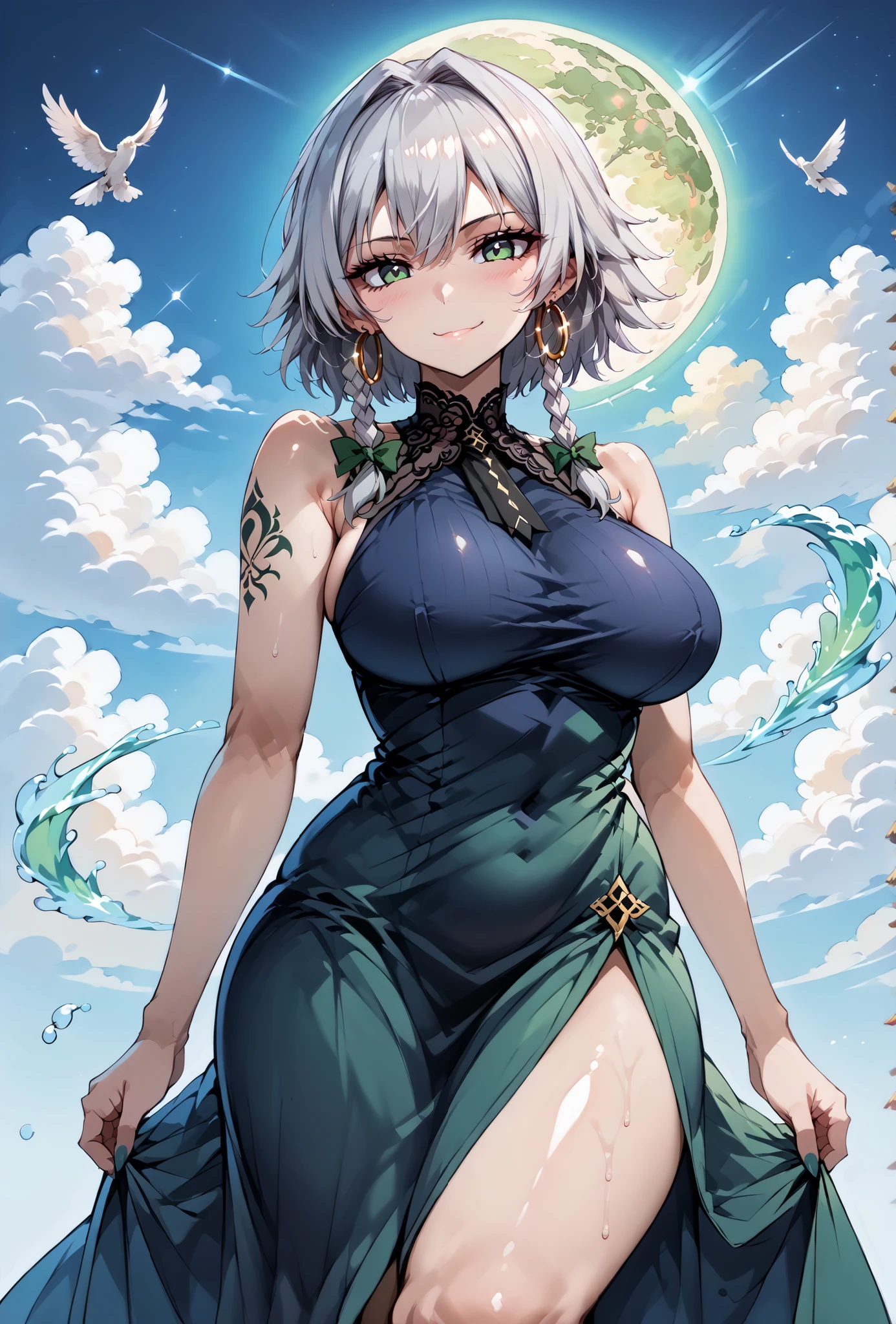 score_9, score_8_up, score_7_up, source_anime, 4K,perfect fingers,(perfect hands, perfect anatomy),prefect lighting, very aesthetic, intricate details,highly detailed background, masterpiece, high quality, best quality,
1girl,solo, izayoi_sakuya,silver hair, twin_braids ,((Large Breast:1.5)),
wearing ((tattoos, gold hoop earrings, tattoos, combed to the side, gothic mini dress, Sleeveless, bare shoulders, )) ,,
Sexy pose, looking at viewer, ((expressionless: 1.3)), seductive anime girl, ((seductive smile:1.4)), erotic, only sexy woman, Large firm swaying bust, blush, Sweat,Embarrassed, sexy, acing straight at viewer, (((in heat))), ((Oily_skin)),