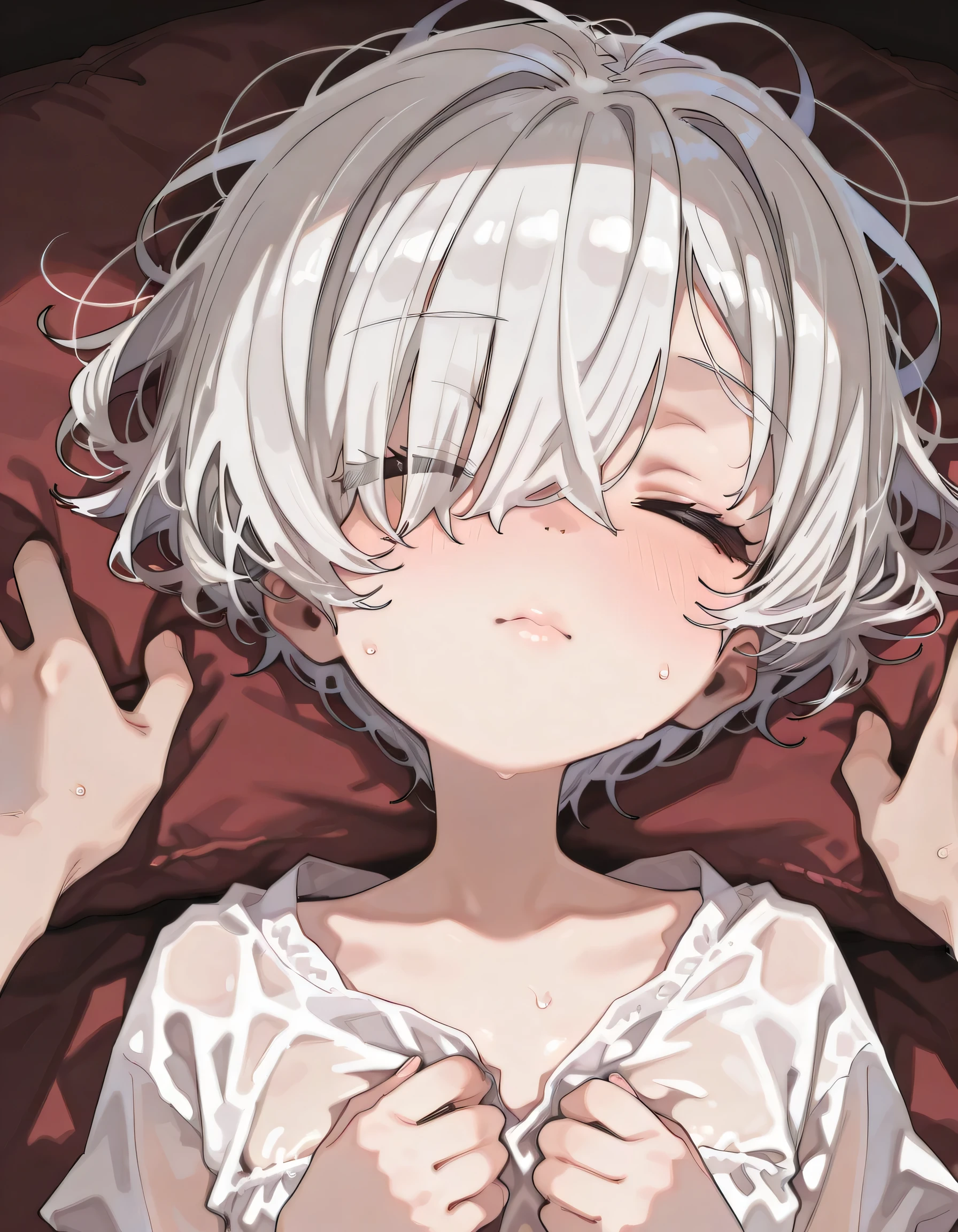 {{{masterpiece}}}, {{{best quality}}}, {{ultra detail}}, {illustrations}, {{very delicate and beautiful}},(solo, boyish girl, ,slender:1.3,Flat chest),(),(very short hair,messy hair,silver hair,hair covering one eye, closed eyes:-.5 ,luxury, ,Eyes See-Through Hair), cinematic angle, cute pajama, cute face, kissing face, kissing lips, POV, looking up at viewer, lips focus, on back, water eye, blush, put hands on chest, wince, perspired,, sweat