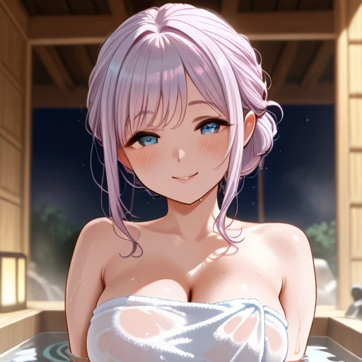 ultra 8k cg, picture-perfect face, perfect face, beautiful face, realistic, hyperrealistic, masterpiece, high quality, best quality, flawless, clean, all intricate, 1girl, solo, shiny glossy skin, fiona, nude, bangs, Bathing in the hot springs, Open-air bath in summer, cleavage, looking at viewer, gentle smile,