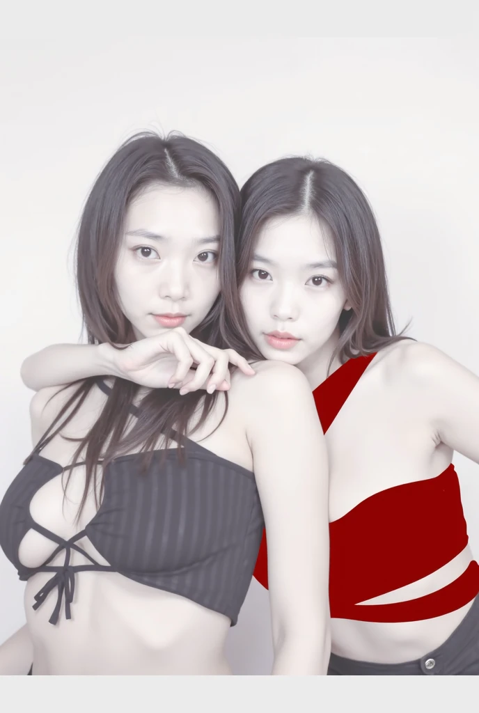 NSFW,masterpiece,best quality:1.4),(8k,raw photo,photo realistic:1.2),best quality,high quality, masterpiece,detailed,high resolution,shiny skin,detailed skin,detailed face,detailed eyes,mutated hands and fingers,lightning body,Femele Japanese a 16Years-old 163-168㎝ girls,2girls,slim body,small breasts,navel,vagina, full body shot,sexual costume fashion,small breasts, front of a colorful background with some lines,2girls 2shot pose,

