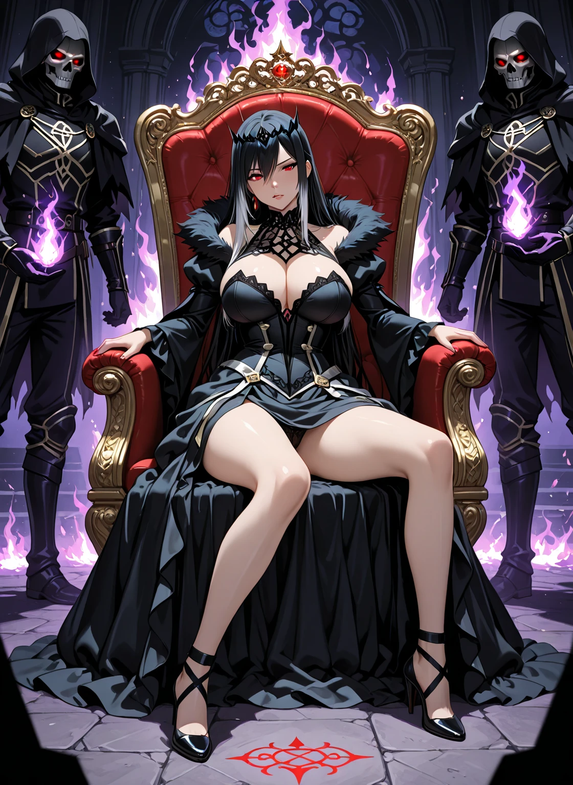 ((young, beautiful and majestic dark queen of the underword)) ((glowing blue eyes)) ((evil gaze)) ((pale skin)) ((very light blue eyes)) ((very dark eyeshadows makeup)) ((bright red lips)), ((very long straight black hair)) ((big breast:1.5)) ((skinny body:1.3)) ((sexy fantasy dress, detailed metallic ornaments dress)) ((black stocking, cape, majestic crown)) ((underworld castle, at night, gloomy ambient)) ((seductive pose sit on throne)) (()) ((magical aura)) ((high definition:1.5) ((masterpiece:1.5))((8k:1.5)) ((Best quality:1.4)), more_details:-1, more_details:0, more_details:0.5, more_details:1, more_details:1.5, more prism, vibrant color,