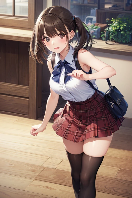 ((masutepiece, Best Quality, hight resolution, nffsw, Perfect Pixel, 4K, nffsw, nffsw))), 1girl in, Single, Solo, Beautie、full body seen、 ((Middle Wave Hair, Bangs, Brown hair)), ((Brown-eyed, Beautiful eyelashes, Realistic eyes)), ((Detailed face, Blushing:1.2)), ((Smooth texture:0.75, Realistic texture:0.65, Photorealistic:1.1, Anime CG style)), medium breasts, Dynamic Angle, Perfect body, ((red bowtie, School uniform, Black jacket, Open jacket, Brown cardigan, White shirt, Black skirt, plaid skirts)), City staircase、Looking up from the bottom of the stairs、Very embarrassing panic smile, turned around、Leaning forward heavily、(The wind flipped my skirt and exposed my butt..............................、Touching the buttocks with both hands、opens legs、Light pink floral lace panties)、