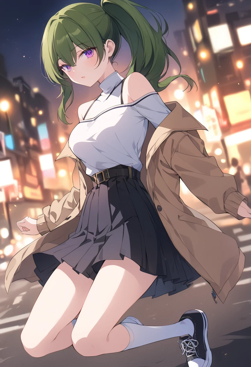 ((Highest quality)), ((masterpiece)), (anime), Beautiful and sexy woman walking down the street in a short skirt, Blouse and high heels, blue eyes, Green Hair, Smooth Skin, Cleavage, ((whole body)), (City Settings, urban environment), smile, Exposing shoulders, anime, Green Eyes, Maomao, Under the street lamp, Sunset dusk,