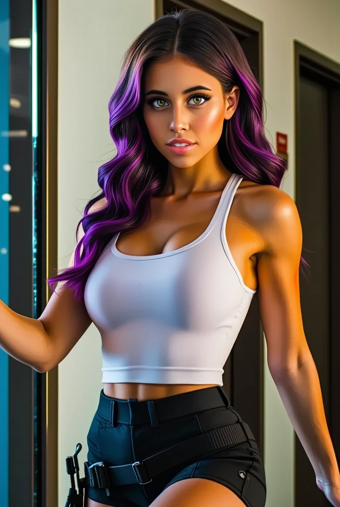 Beautiful realistic girl with blue long hair... ,..... ,Close-up of clean skin with detail ,full length,in short red and black mini shorts and a pink blouse,on a purple background,high quality 8k, high quality с высоким разрешением, Rich colors, Soft light, Super detailed photos. high quality, 8k Ultra HD, High Definition, Noise suppression, яркие Rich colors.. high quality, 8k Ultra HD, High Definition,