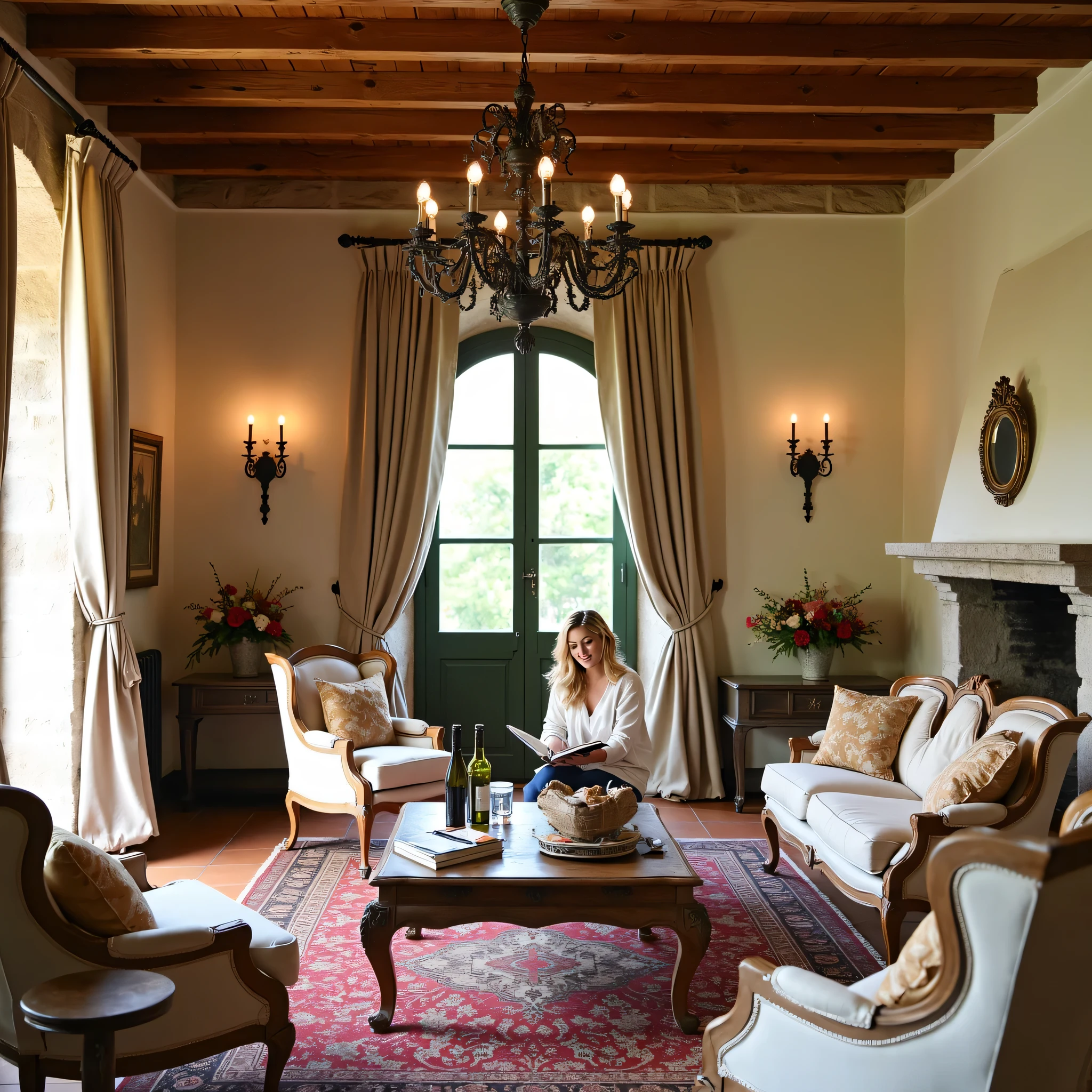 "A warm and elegant Tuscan style interior: rustic stone walls, exposed wooden ceiling beams, terra-cotta floor tiles, large arched windows and linen curtains, antique wooden furniture, wrought iron chandelier, outdoor fireplace, zA palette of colors in green and earth tones, decorated with ceramic ornaments and wine bottles on the table, A sunny and inviting environment in the Mediterranean air." Do you want the furniture to be detailed? . Have a magazine on the table. Let the curtains be in coffee tones. Woman reading a book on an armchair in the venue . Let the woman have blond hair and glasses in her eyes