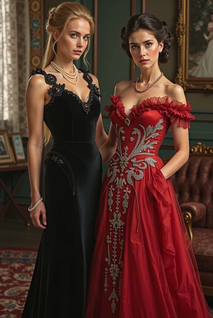 A photorealistic rendering of two beautiful women standing side by side in a luxurious Victorian-themed room. They wear intricately designed corsets and lingerie, one in blue and red and the other in red and black. The room features ornate furniture, a grand chandelier, and lush drapery. Rendered in Unreal Engine 5 with bold colors and finely detailed textures