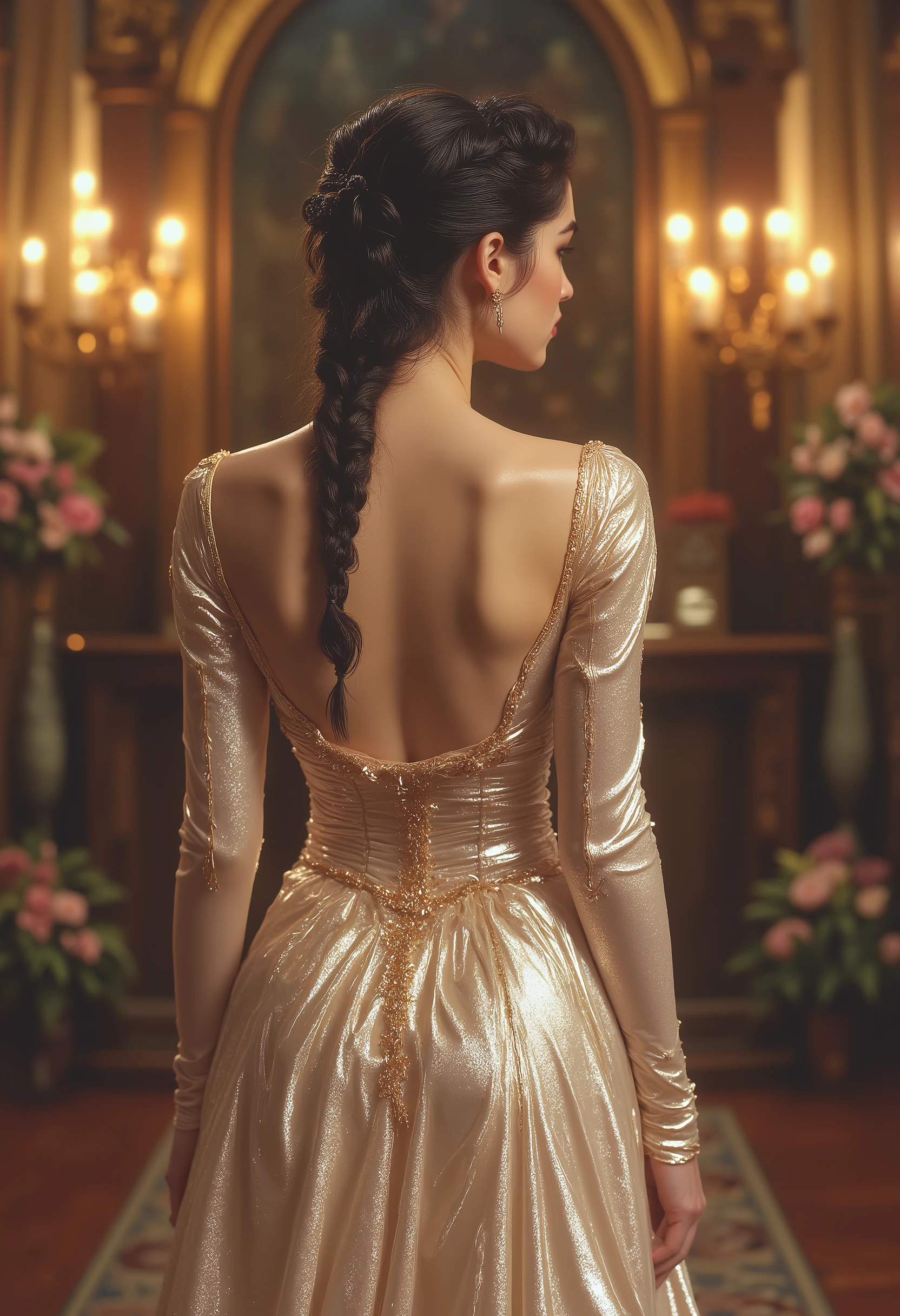 beautiful russian woman 20 years old, attractive and beautiful , porcelain leather neckline, long jet-black hair, small and aesthetic figure, narrow waist, small and thin. IT IS ON HER BACK showing the length of her LONG dress. A champagne dress, is long sleeved with queen Anne neckline , of tight fabric , that stylizes my figure . It is long and the opening it has is four fingers above my knee. A long French braid, Background, Background of a church with opaque lights, Floral Arrangements . digital art, HD quality. realistic. modern style. PHOTO realistic 4K