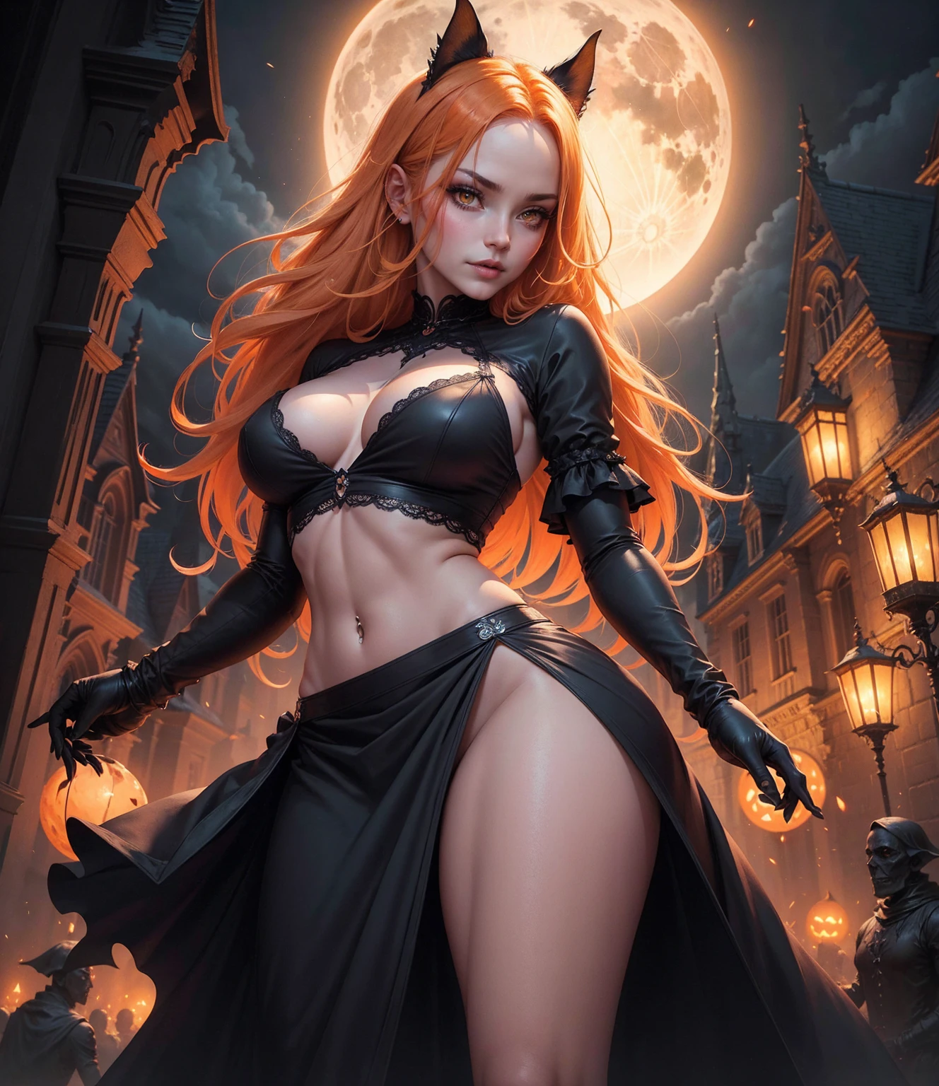 (masterpiece), best quality, expressive eyes, perfect face, front lighting, (outside village ruins on fire at night with moonlight background), (standing), (smirk), (cleavage view), (1girl, 18 years old, Nami (one piece), black makeup, black lips, orange hair, long hair, wavy hairstyle, brown eyes, hourglass figure, left shoulder tattoo, skinny body, thin body, petite_body, small breasts, wide hips, thick thighs), (succubus, succubus outfit, torn clothes, ripped clothes, black torn laceup onepiece, exposed cleavage, torn fishnet stockings, black gloves, devil wings, devil horns, devil tail),