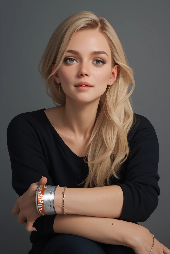 a one woman, americana, age 25, pale skin and freckles, grey-eyed, delicate nose, soft and delicate lips, distant, far away, wavy, waist-length blonde hair, Sweet smile, face with delicate feminine facial features, Highly Rendering