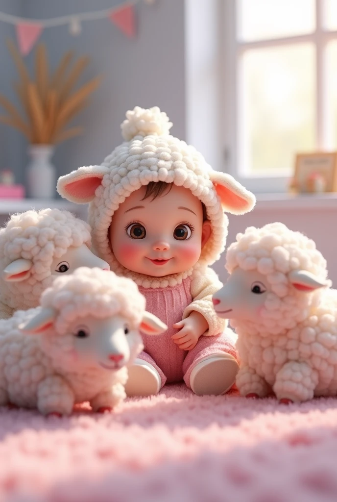 a baby standing next to a sheep on a wooden floor, one photo, inspired by Margareth Geddes, Shutterstock Contest Winner, renascentist, screen capture, bunny suit, beautiful face!!!!, screen capture do vídeo do youtube