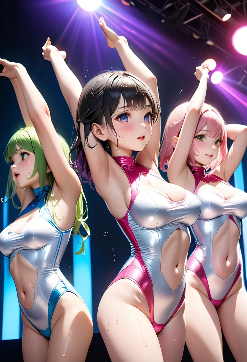 (highest quality)), (masterpiece), (detail), many female androids, all have colorful internal skeletons in full view except their faces, all have different heights, top bottoms, and arm and leg shapes, all have perfect human faces, all have beautiful faces, all standing, multiple poses, group, everyone is looking at me, full body shot. ,