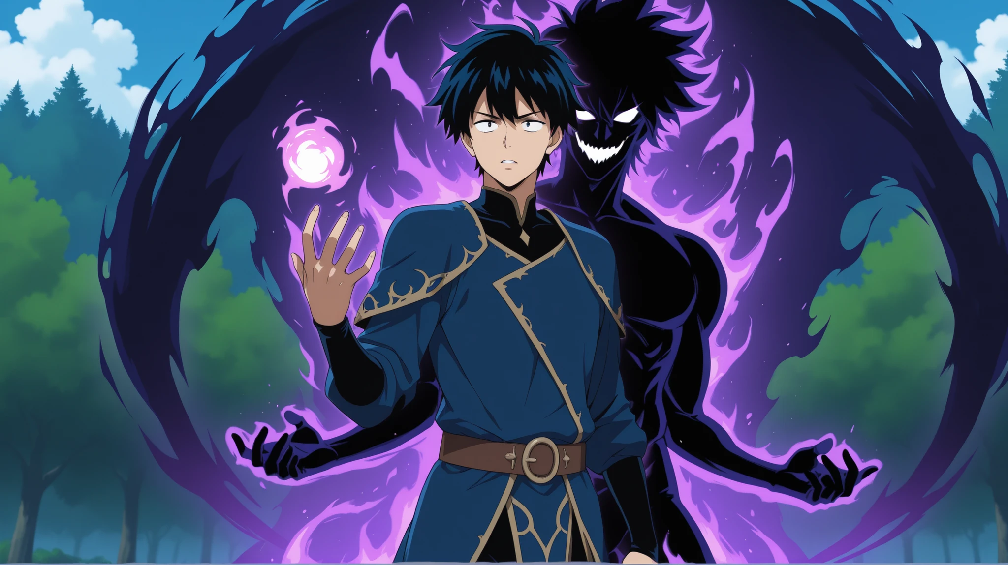 masterpiece, best quality, intricate details, anime screencap, , official style, , 1boy, solo, male focus, <lora:dabi_bnha_ilxl:0.9>, dabi_bnha, black hair, blue eyes, short hair, spiked hair, hair between eyes, messy hair, bangs, scar, burn scar, scar on face, piercing, ear piercing, stitches, blue fire, cowboy shot, bedroom, bed, nightstand, night, crescent moon, singing, (closed eyes:1.2), smile,