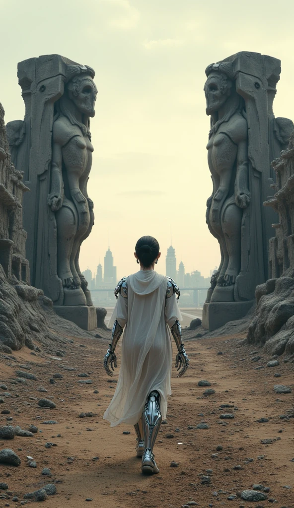 greatest masterpiece、Max Video Quality、Best portrayal、8K、 Photo Style 、A robot with the face of a Japanese woman is walking on an alien planet between the ruins of a giant stone statue of a feathered woman facing each other。There are buildings and spaceships built by other civilizations in the distance。A lonely atmosphere、evening。dusk、cinematic lighting、