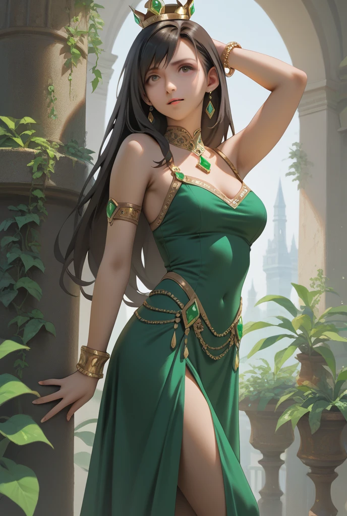 17-year-old 1girl with a graceful presence. She has long, flowing ebony hair that cascades down her back, often adorned with a delicate floral hairpin. Her eyes are a deep shade of emerald green, reflecting both wisdom and a hint of mystery.